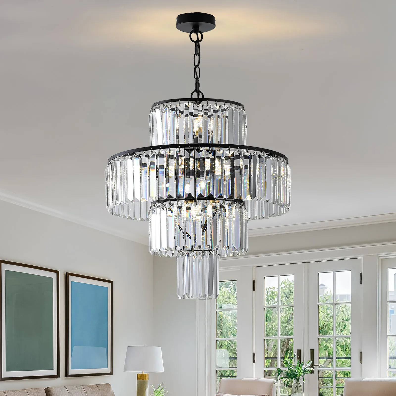 19.7" Luxury K9 Crystal Chandelier Modern Black Chain Chandelier 4 Tier Crystal Chandelier