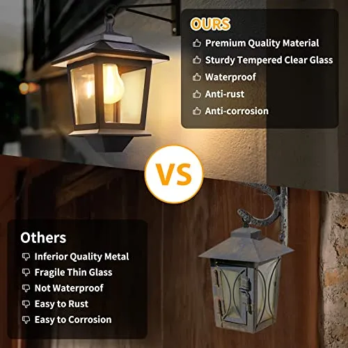 2 Pack Solar Wall Lanterns with Replaceable Bulb,Outdoor Hanging Solar Lights with 4 Solar Panels,Dusk to Dawn Led Outdoor Wall Sconce,Anti-Rust Waterproof Wall Lanterns with Hooks,3000K Warm White