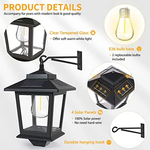 2 Pack Solar Wall Lanterns with Replaceable Bulb,Outdoor Hanging Solar Lights with 4 Solar Panels,Dusk to Dawn Led Outdoor Wall Sconce,Anti-Rust Waterproof Wall Lanterns with Hooks,3000K Warm White