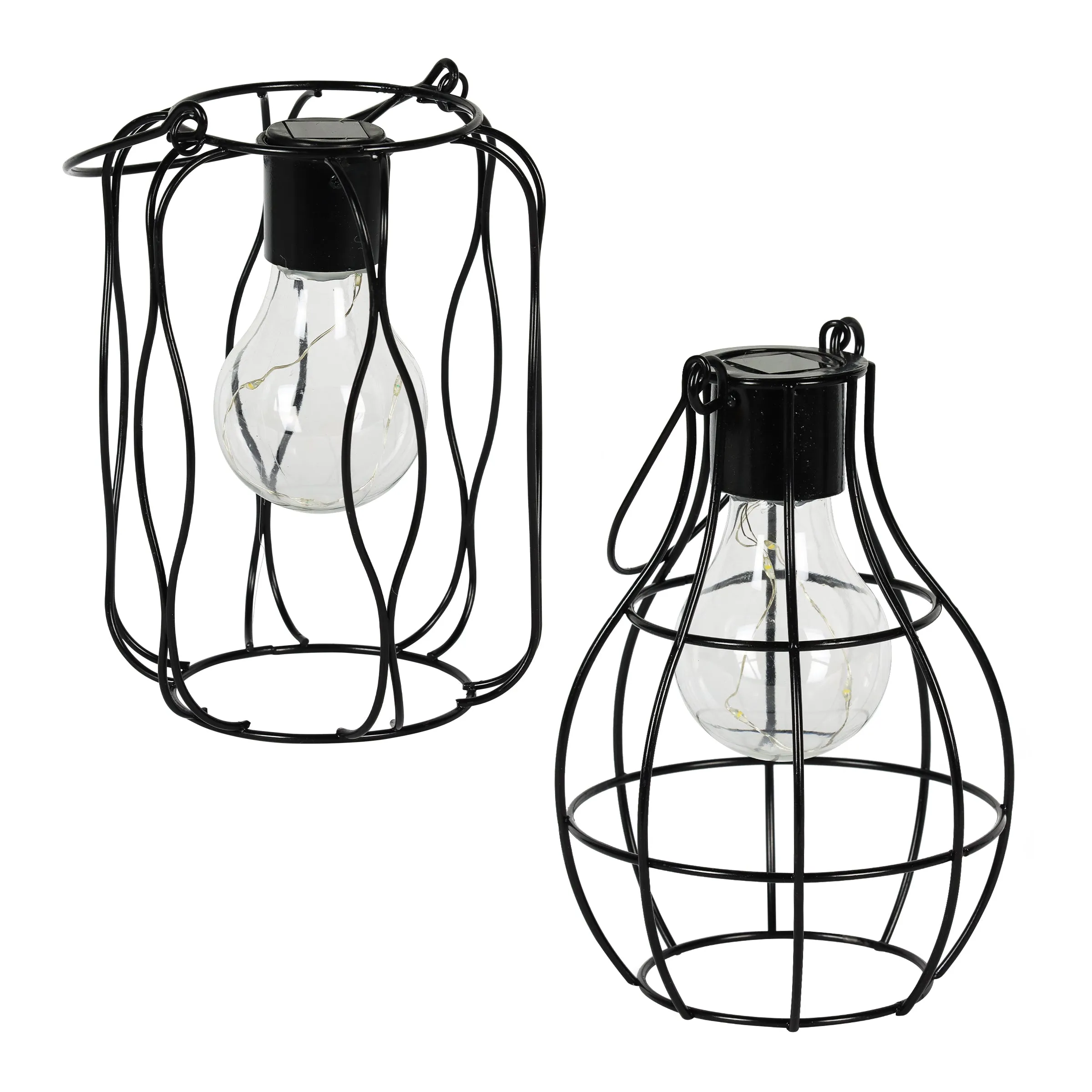 2 Piece Solar Black Metal Lanterns for Tabletop or Hanging, 4.5 by 10 Inches