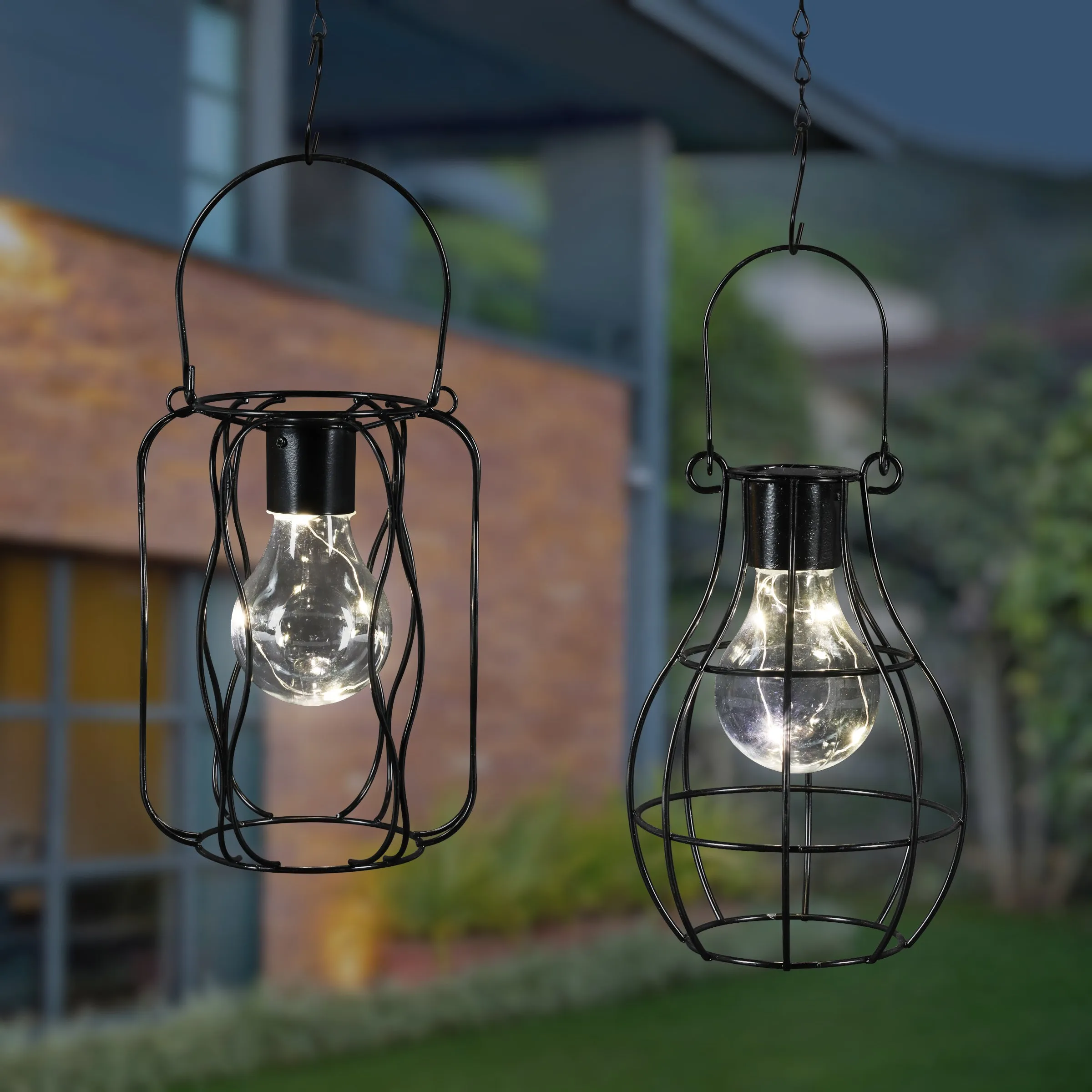 2 Piece Solar Black Metal Lanterns for Tabletop or Hanging, 4.5 by 10 Inches