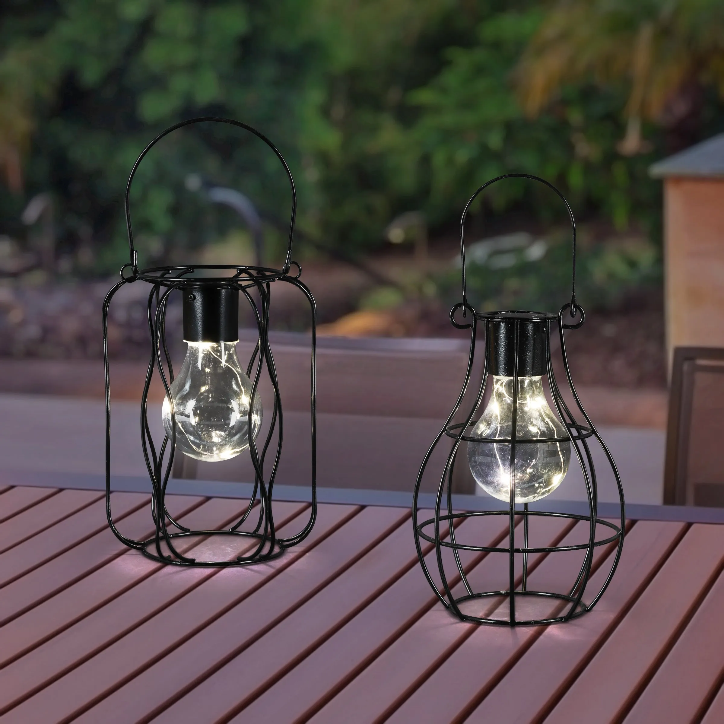 2 Piece Solar Black Metal Lanterns for Tabletop or Hanging, 4.5 by 10 Inches