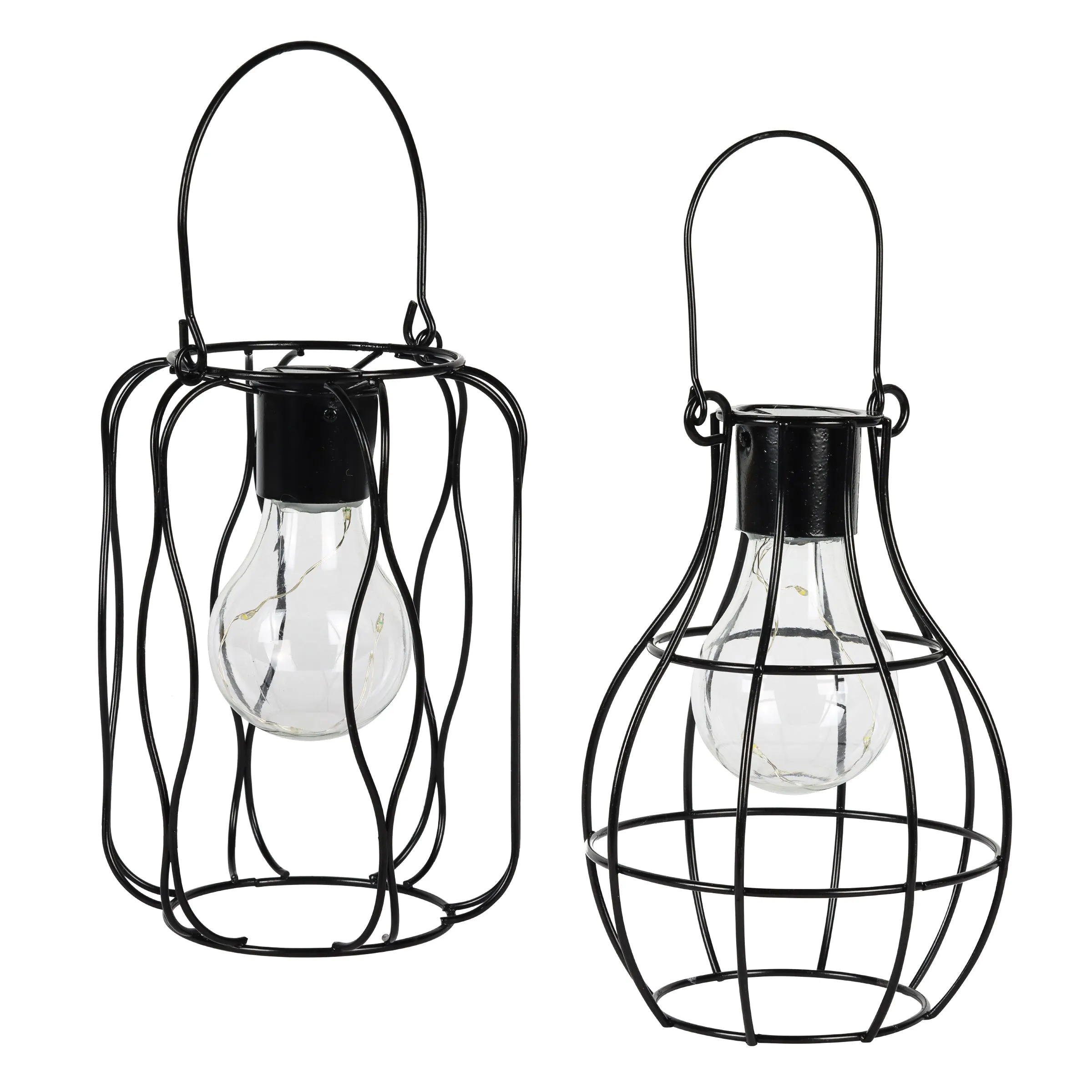 2 Piece Solar Black Metal Lanterns for Tabletop or Hanging, 4.5 by 10 Inches