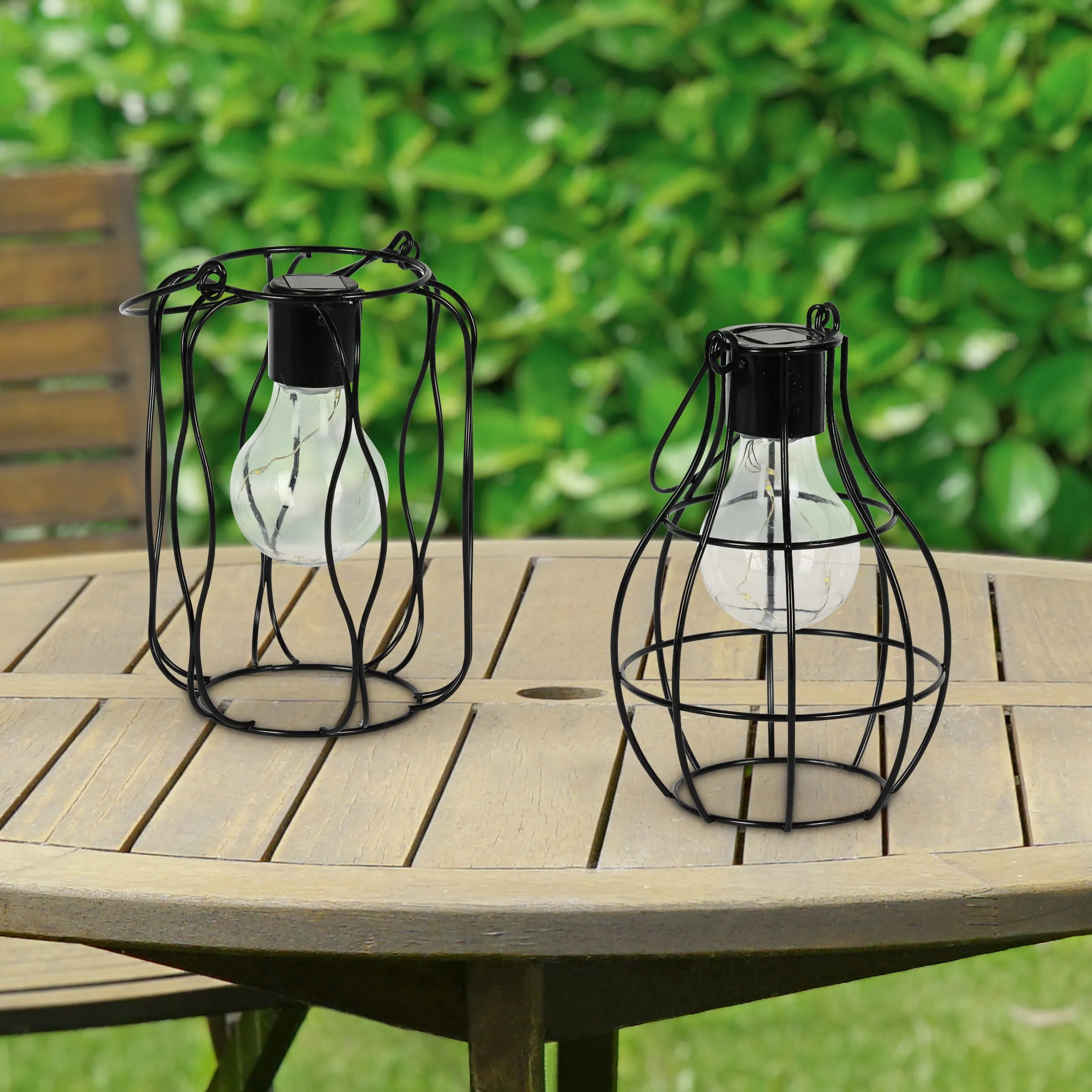 2 Piece Solar Black Metal Lanterns for Tabletop or Hanging, 4.5 by 10 Inches