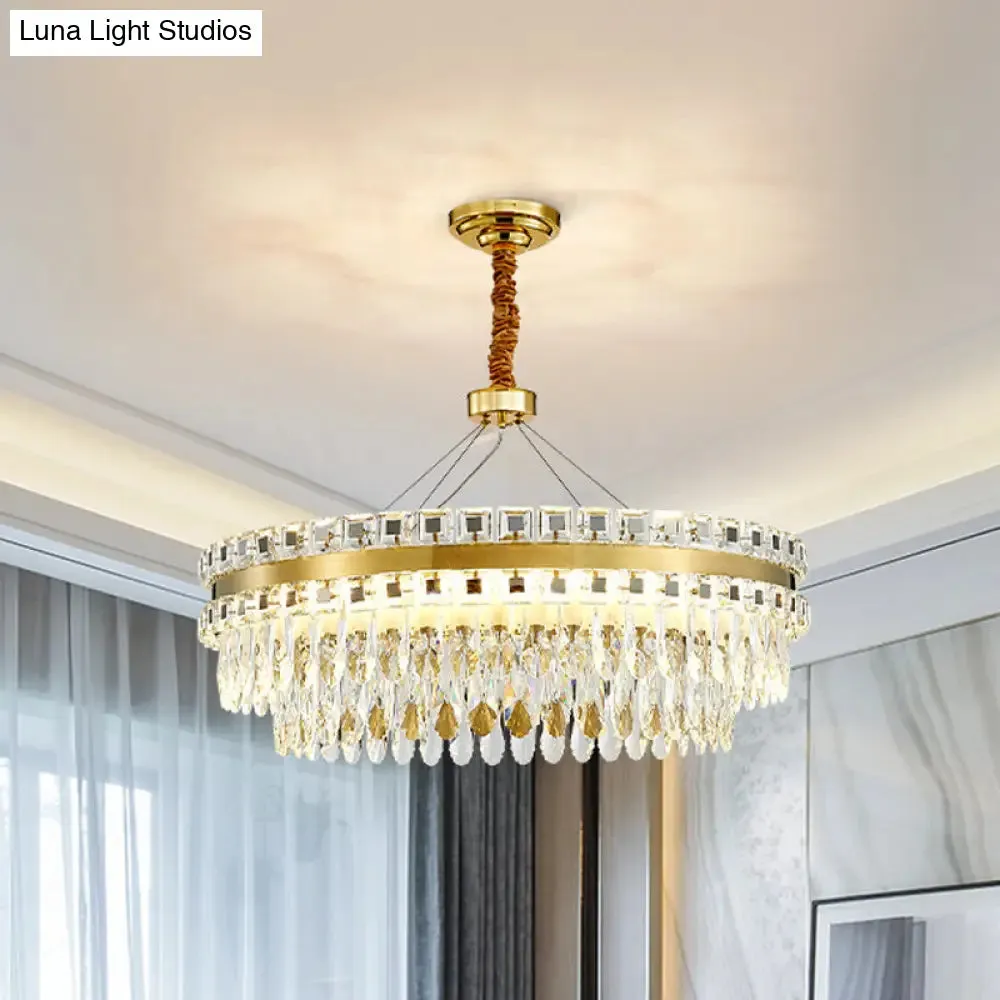 2-Tier Crystal LED Chandelier, Modern Living Room Pendant Light in Gold, 18"/23.5" Width