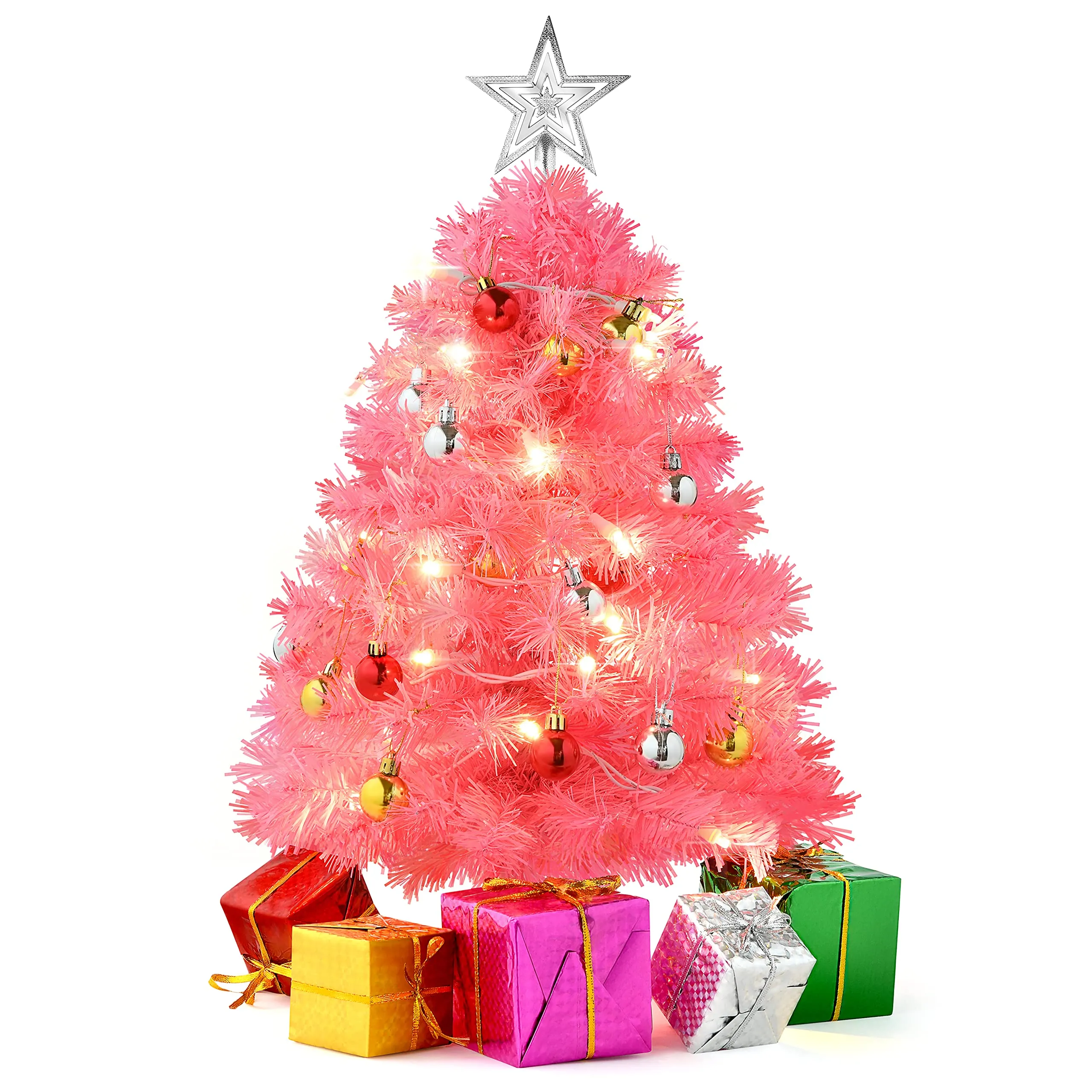 23 Mini Pink Christmas Tree With Lights Ornaments & Presents - Small Pink