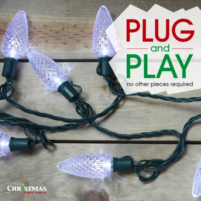 25-light C7 Pure White LED Christmas Lights, 8" Spacing Green Wire