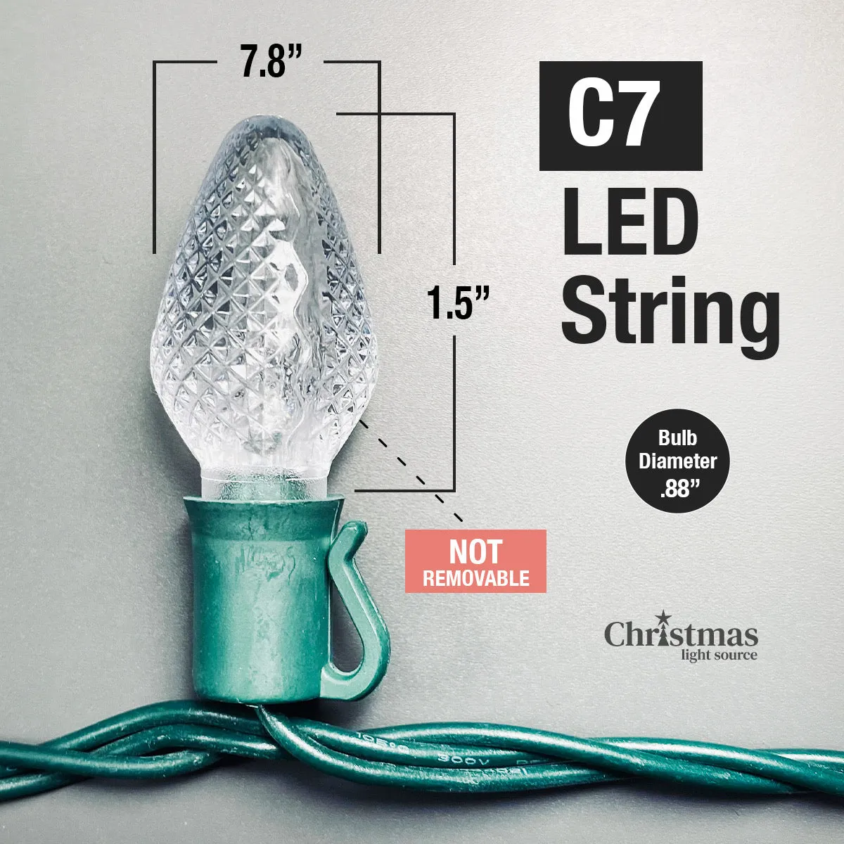 25-light C7 Pure White LED Christmas Lights, 8" Spacing Green Wire