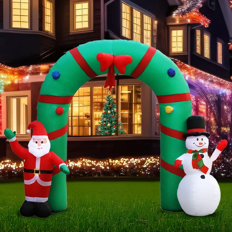 4 Piece Holly Christmas Package - 6ft Pre Lit Christmas Tree & 2x Multicoloured Solar Lights & Giant Arch Way Santa Snowman Inflatable