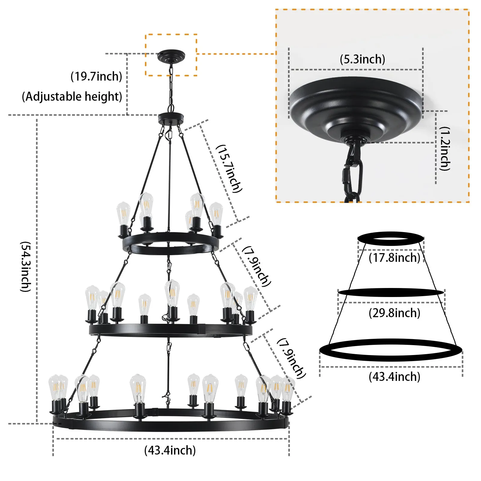 43.4" Large Vintage Triple Round Candle Chandelier Living Room Ceiling Candle Holder Chandelier Black Chain Chandelier