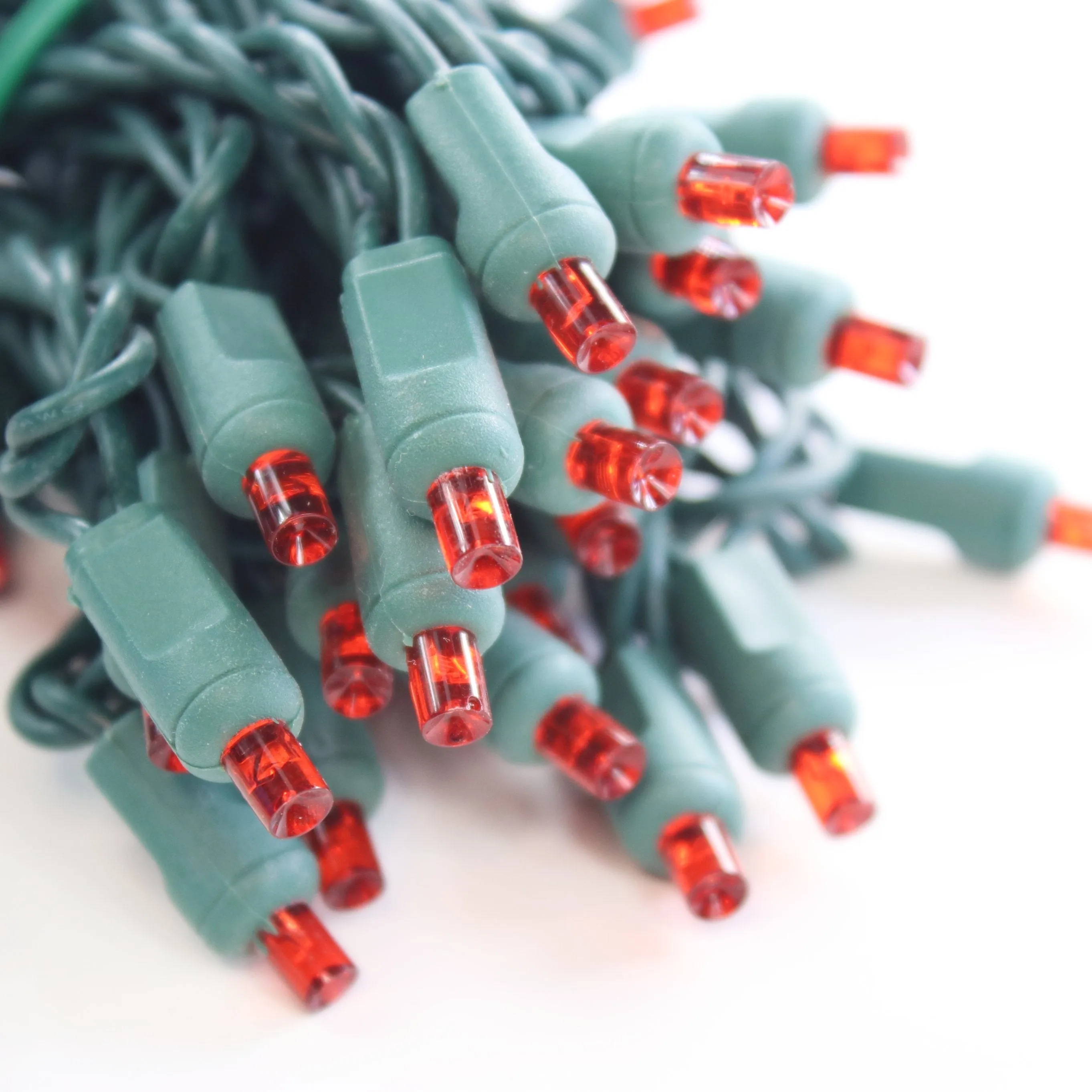 50-light  5mm Red LED Christmas Lights, 4" Spacing Green Wire