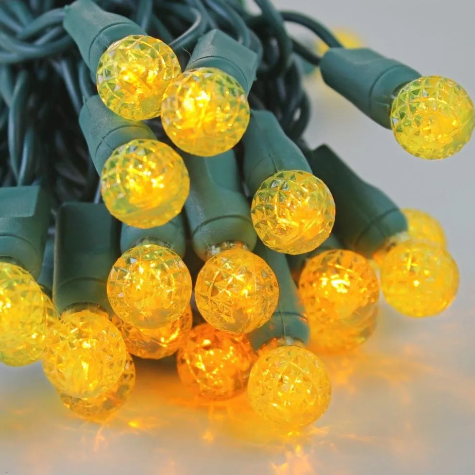 50-light  G12 Yellow LED Christmas Lights, 4" Spacing Green Wire