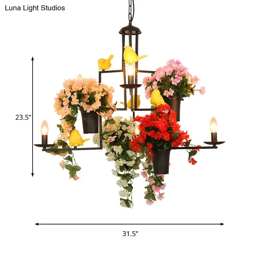 6-Light Industrial Black Metal Chandelier Pendant with Flower Decoration—Graceful Candelabra Suspension