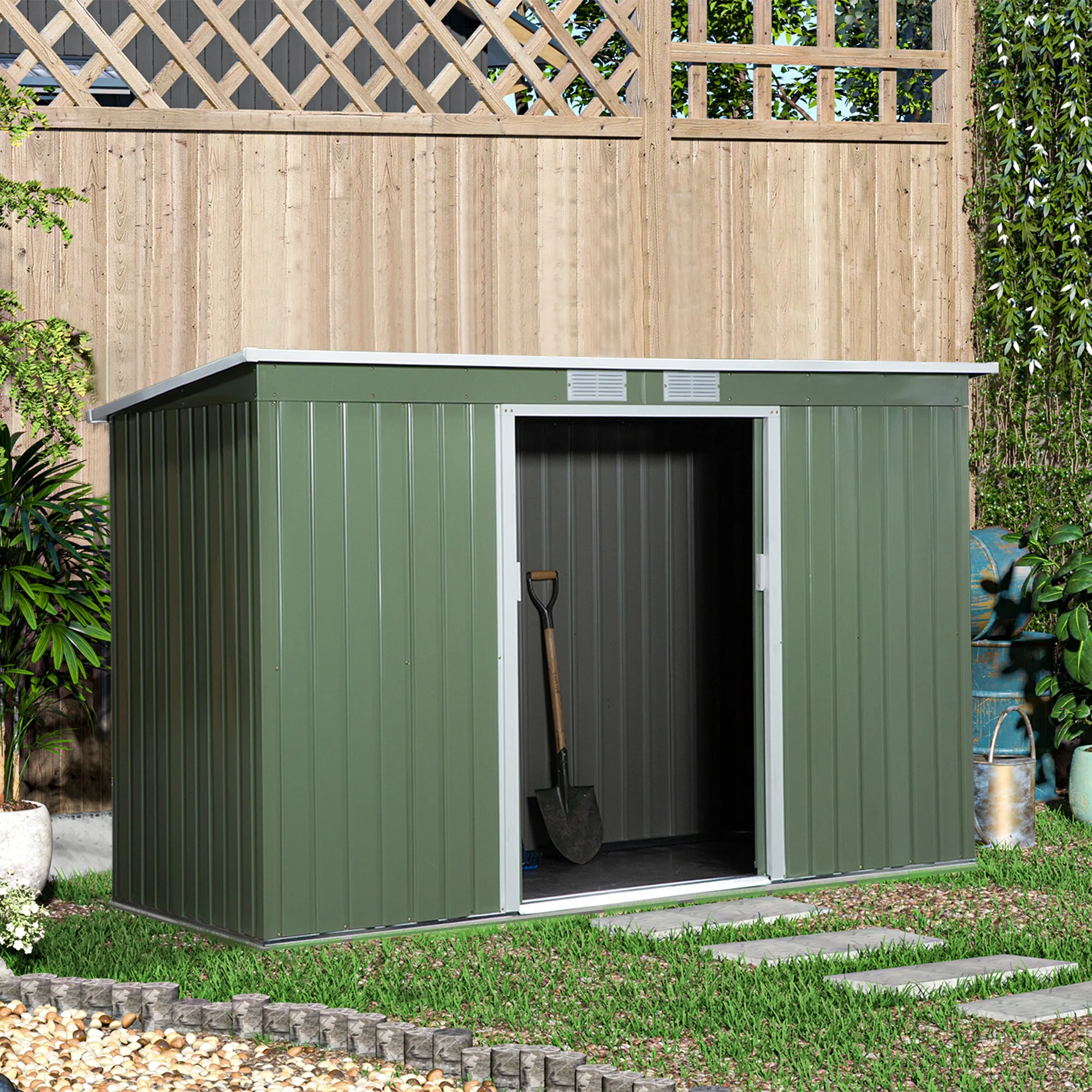 9 x 4.5 ft Pent Roof Metal Garden Storage Shed Corrugated Steel Tool Box with Foundation Ventilation & Doors, Green