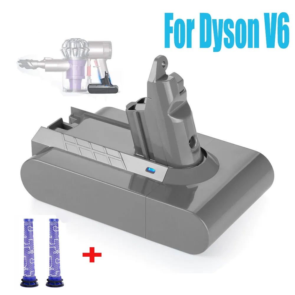 9900mAh Li-ion Battery for Dyson V6, 21.6V, Grey   2 Filters