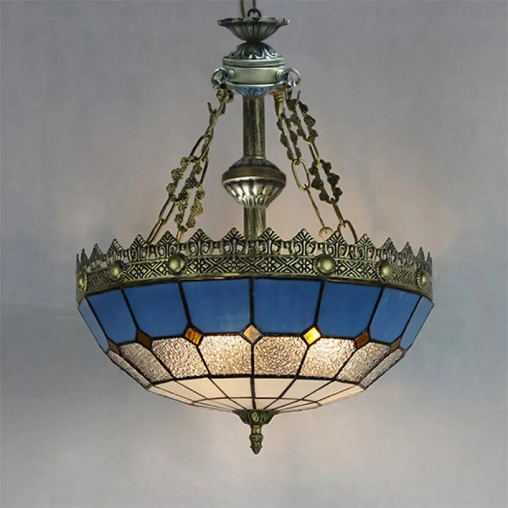 Adjustable Stained Glass Ceiling Pendant - Mediterranean Bowl Drop Light with Metal Chain - White/Clear