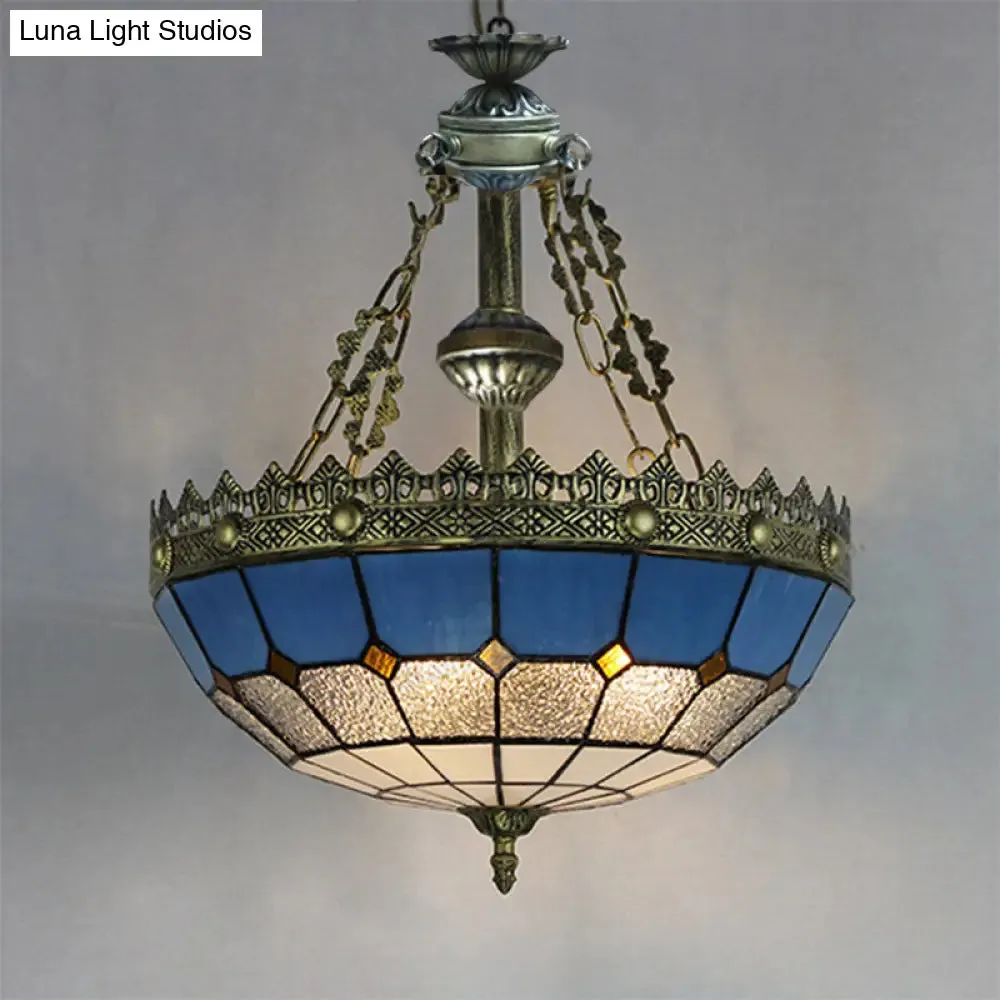 Adjustable Stained Glass Ceiling Pendant - Mediterranean Bowl Drop Light with Metal Chain - White/Clear