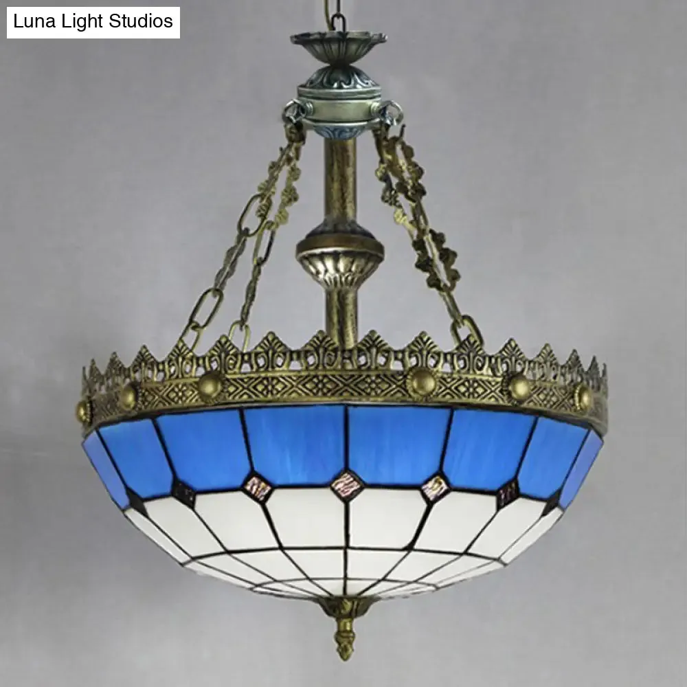 Adjustable Stained Glass Ceiling Pendant - Mediterranean Bowl Drop Light with Metal Chain - White/Clear