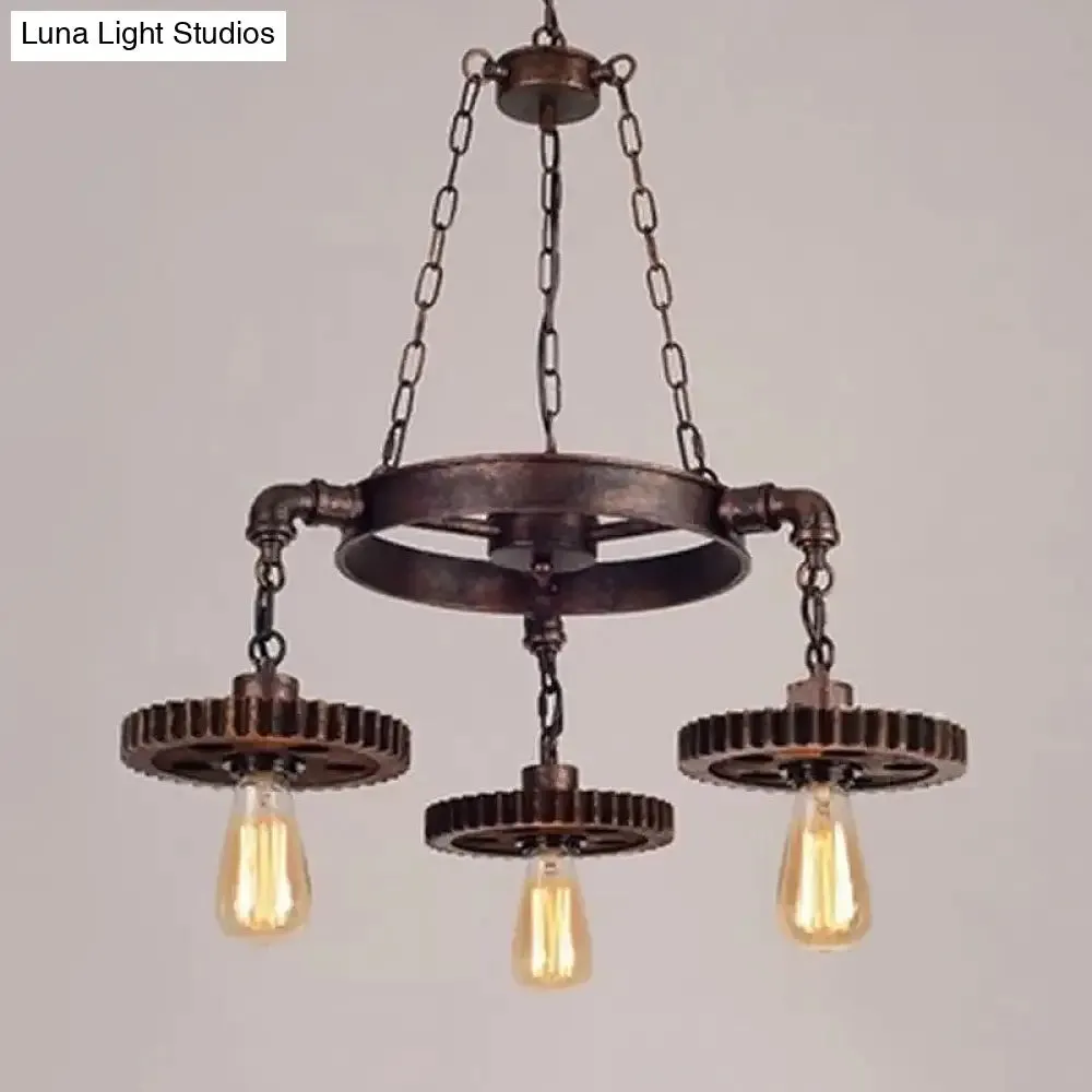 Antiqued Bronze Gear Chandelier - Loft Style Iron 3/5/7-Light Ceiling Lamp for Living Room Suspension