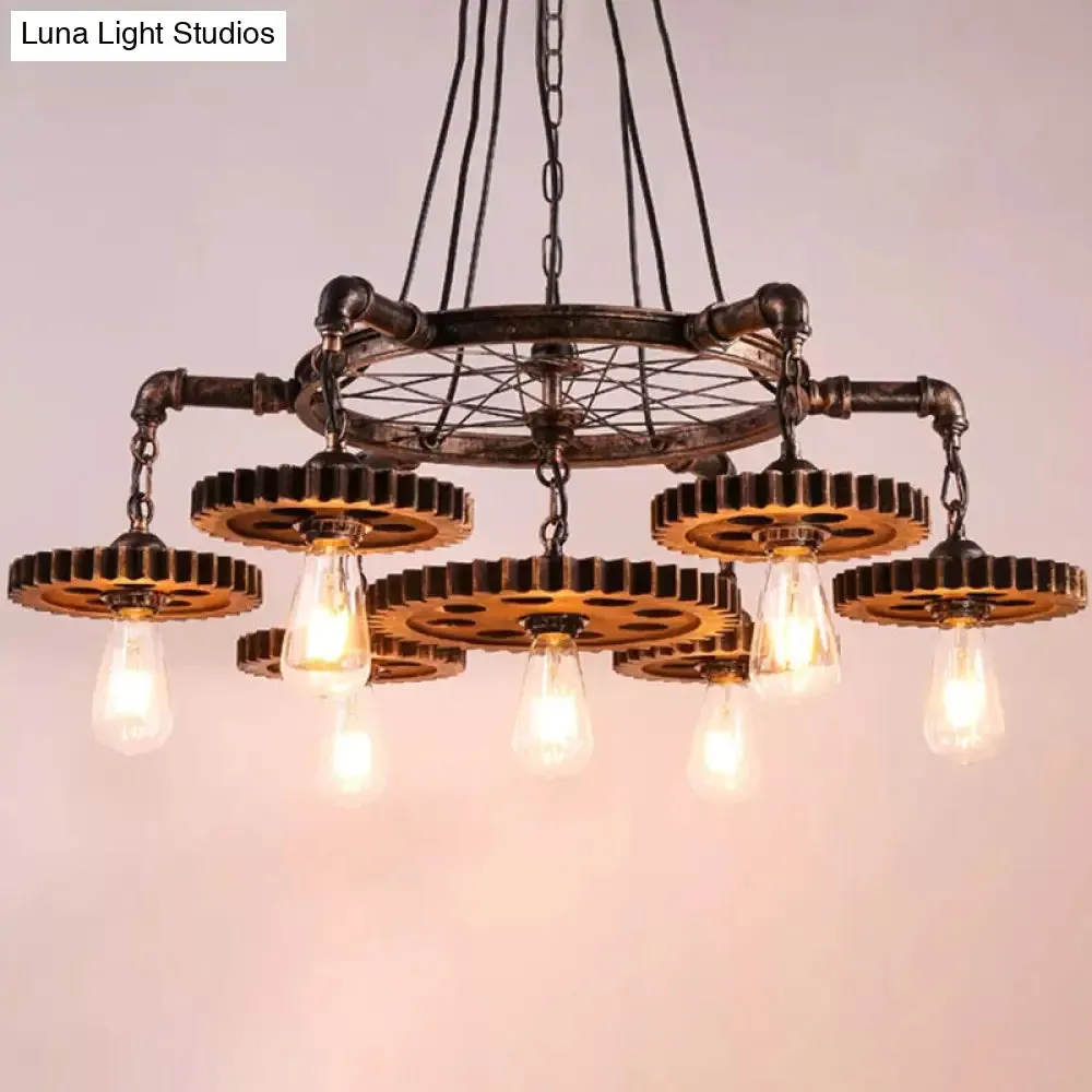 Antiqued Bronze Gear Chandelier - Loft Style Iron 3/5/7-Light Ceiling Lamp for Living Room Suspension