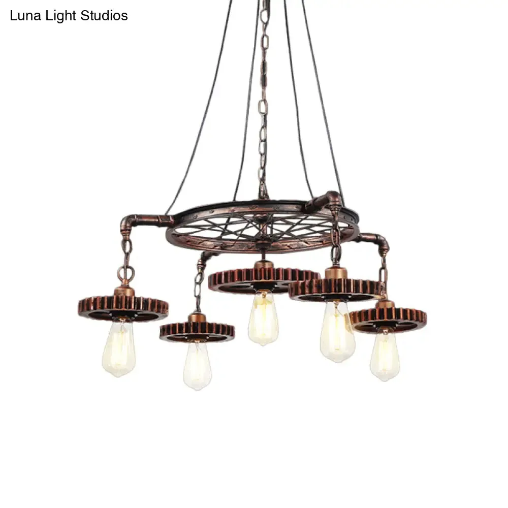 Antiqued Bronze Gear Chandelier - Loft Style Iron 3/5/7-Light Ceiling Lamp for Living Room Suspension