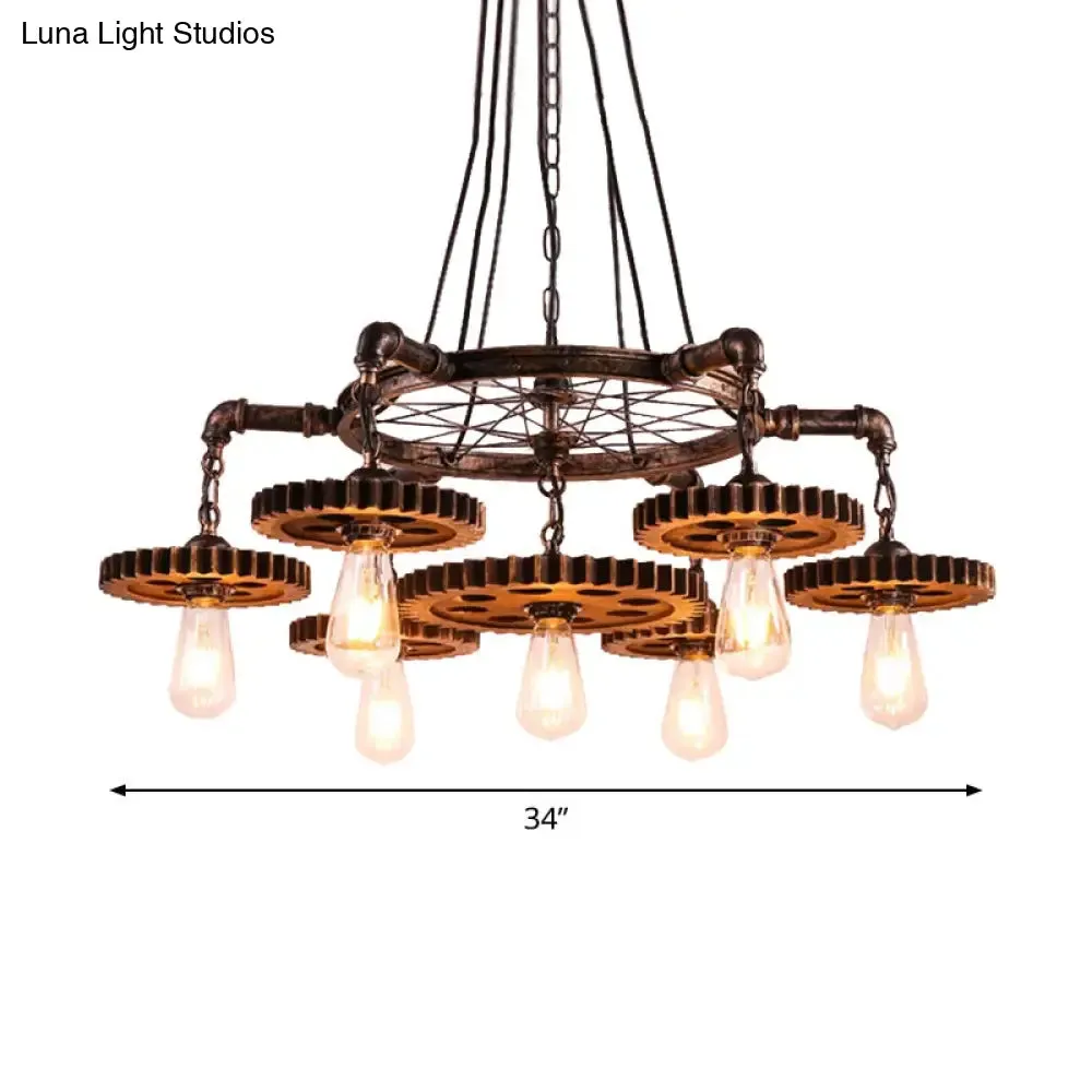 Antiqued Bronze Gear Chandelier - Loft Style Iron 3/5/7-Light Ceiling Lamp for Living Room Suspension