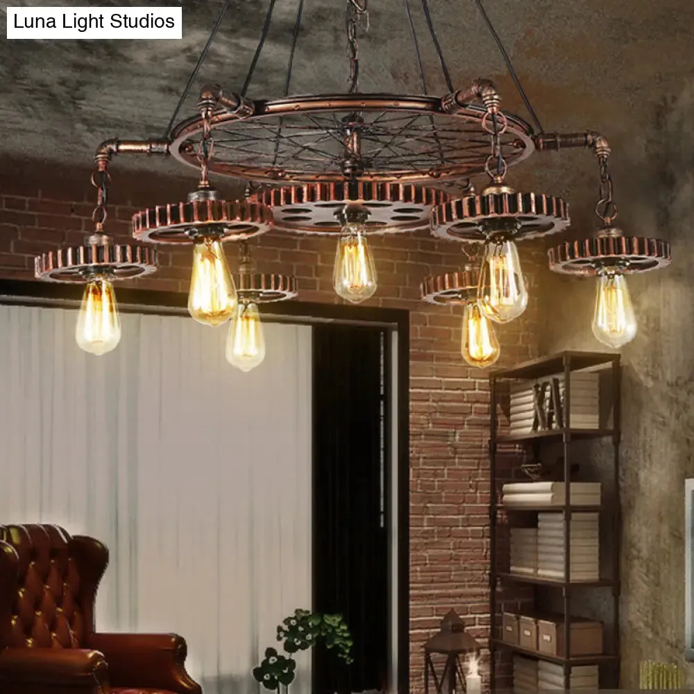 Antiqued Bronze Gear Chandelier - Loft Style Iron 3/5/7-Light Ceiling Lamp for Living Room Suspension