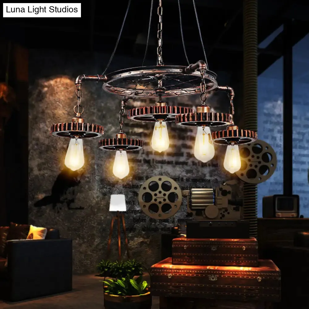 Antiqued Bronze Gear Chandelier - Loft Style Iron 3/5/7-Light Ceiling Lamp for Living Room Suspension