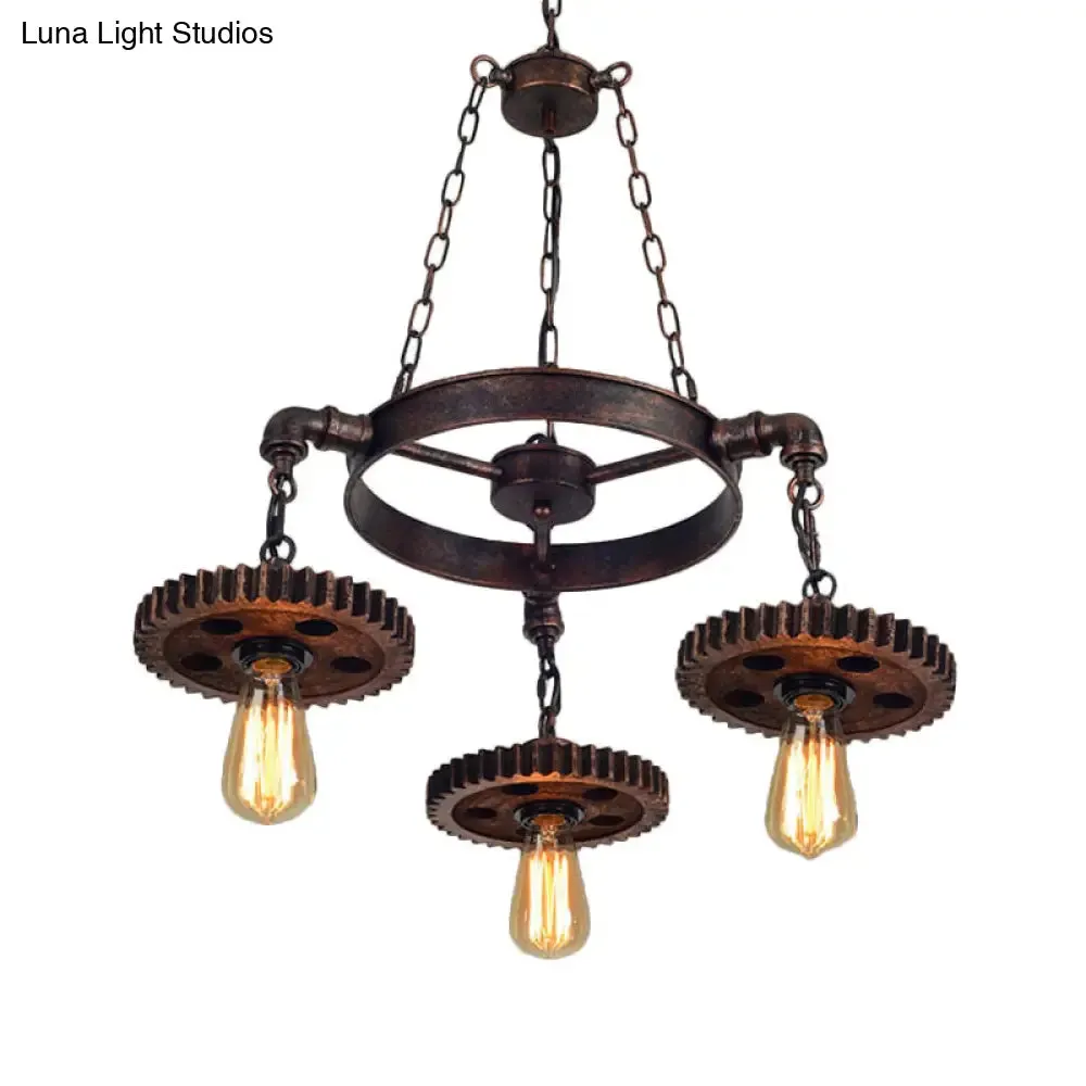 Antiqued Bronze Gear Chandelier - Loft Style Iron 3/5/7-Light Ceiling Lamp for Living Room Suspension