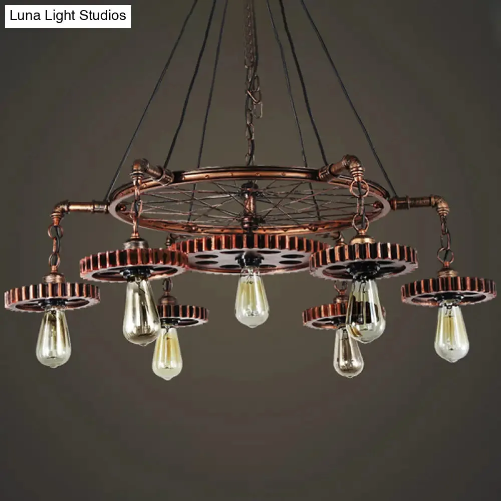 Antiqued Bronze Gear Chandelier - Loft Style Iron 3/5/7-Light Ceiling Lamp for Living Room Suspension