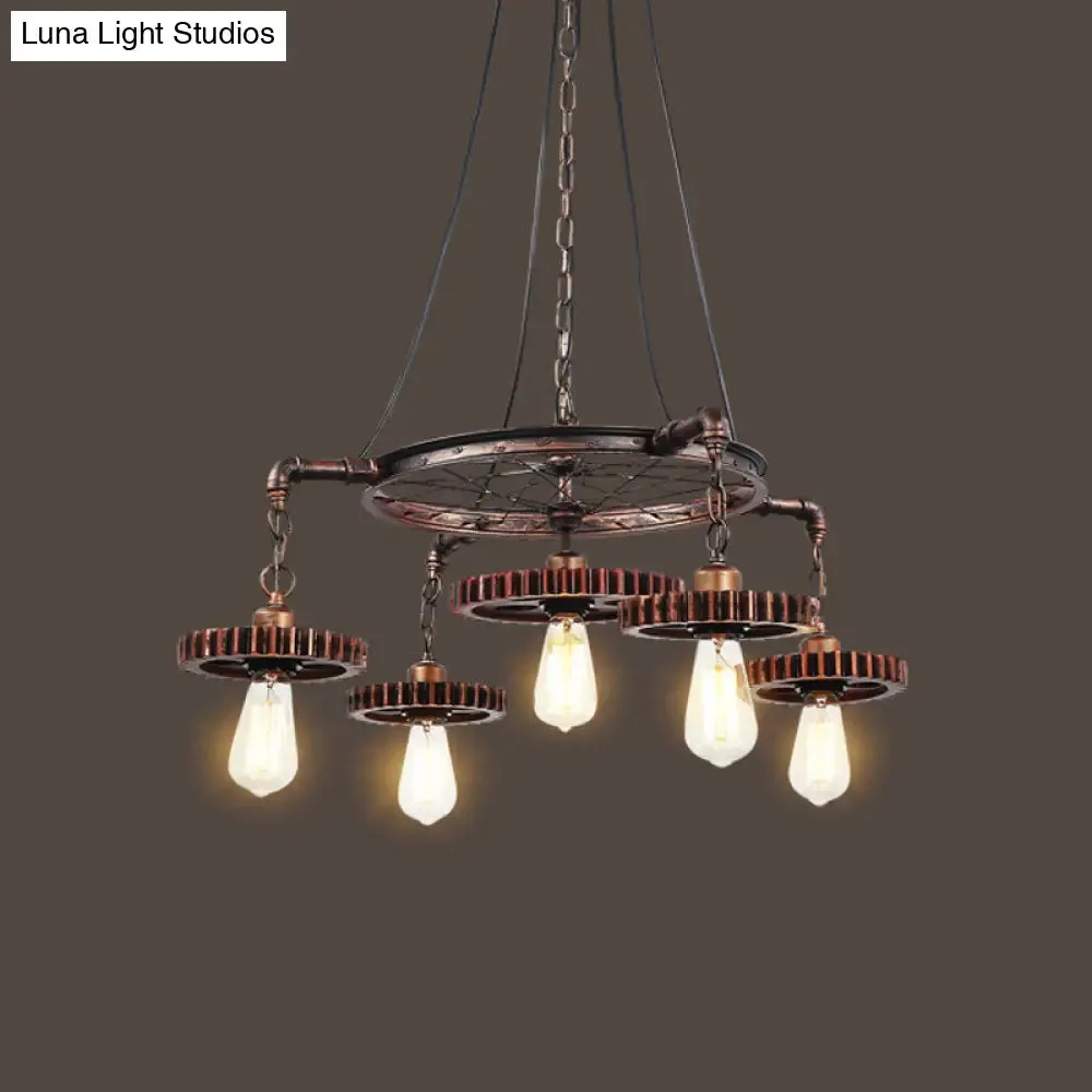 Antiqued Bronze Gear Chandelier - Loft Style Iron 3/5/7-Light Ceiling Lamp for Living Room Suspension