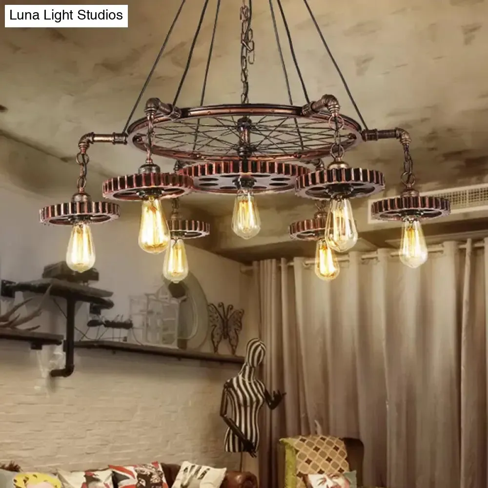 Antiqued Bronze Gear Chandelier - Loft Style Iron 3/5/7-Light Ceiling Lamp for Living Room Suspension