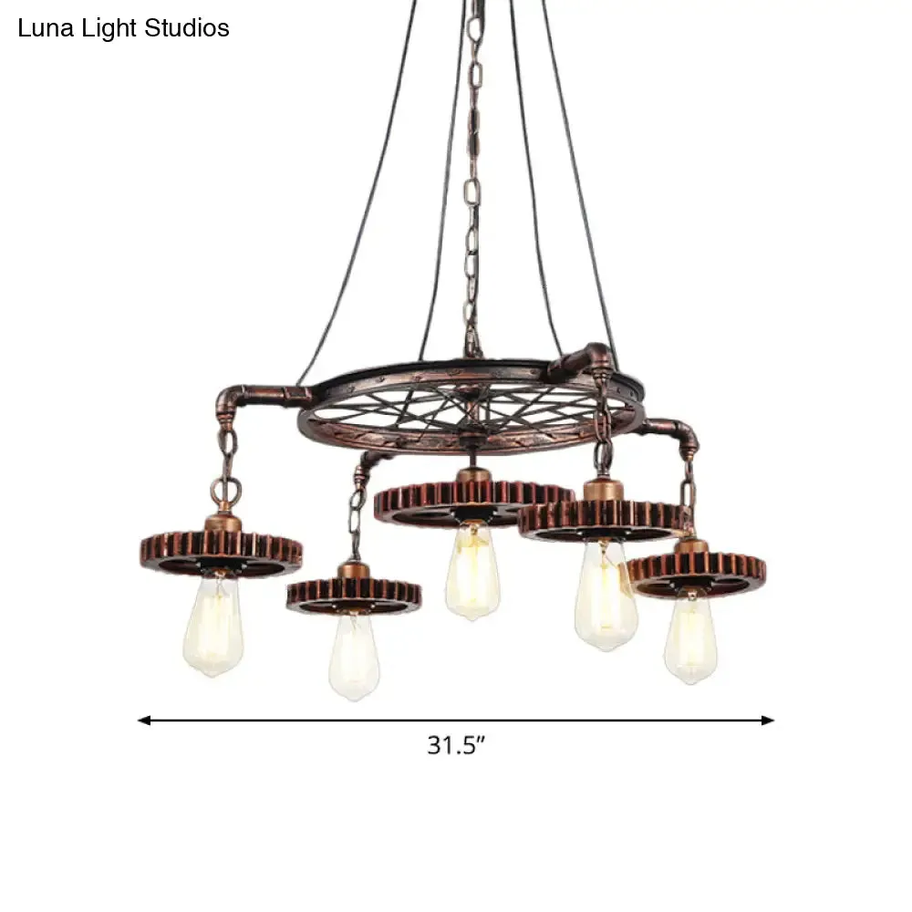 Antiqued Bronze Gear Chandelier - Loft Style Iron 3/5/7-Light Ceiling Lamp for Living Room Suspension