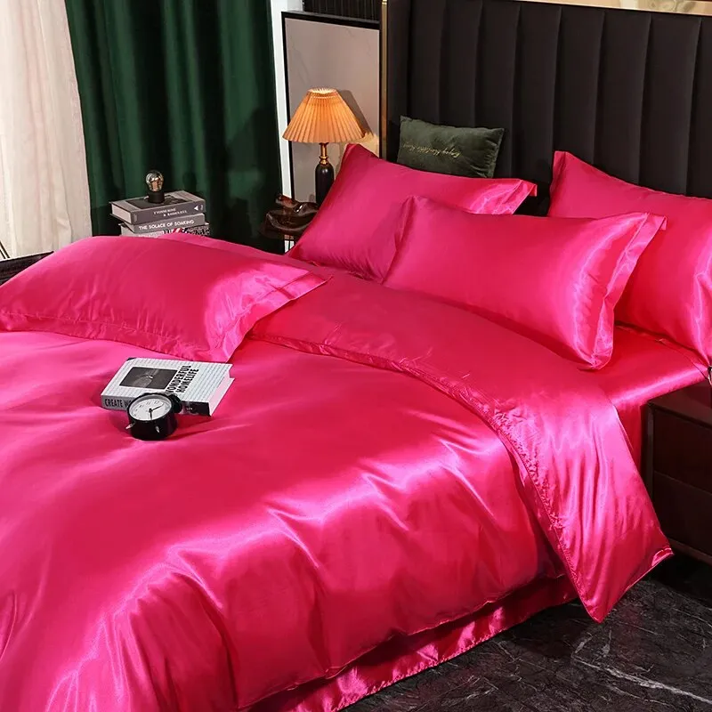 Anyhouz Beddings Hot Pink AU Single Size 2 Pcs High End Satin Smooth Duvet Cover Set Luxury Polyester Silky Soft Cozy Bedding Set