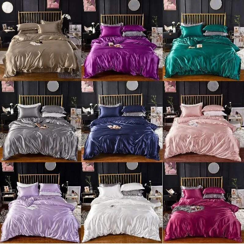 Anyhouz Beddings Magenta US Full Size 3 Pcs High End Satin Smooth Duvet Cover Set Luxury Polyester Silky Soft Cozy Bedding Set