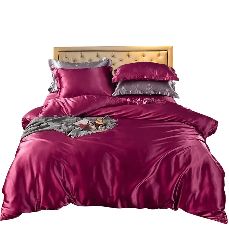 Anyhouz Beddings Magenta US Full Size 3 Pcs High End Satin Smooth Duvet Cover Set Luxury Polyester Silky Soft Cozy Bedding Set