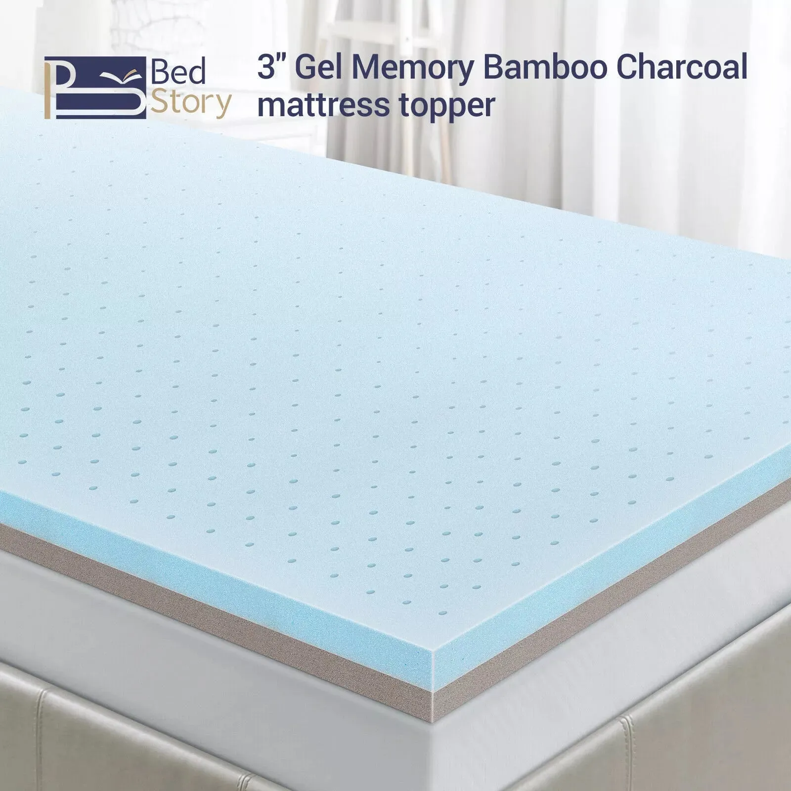 BedStory 3 Inch Gel Memory Foam Mattress Topper | Bamboo Charcoal Cushion Pad