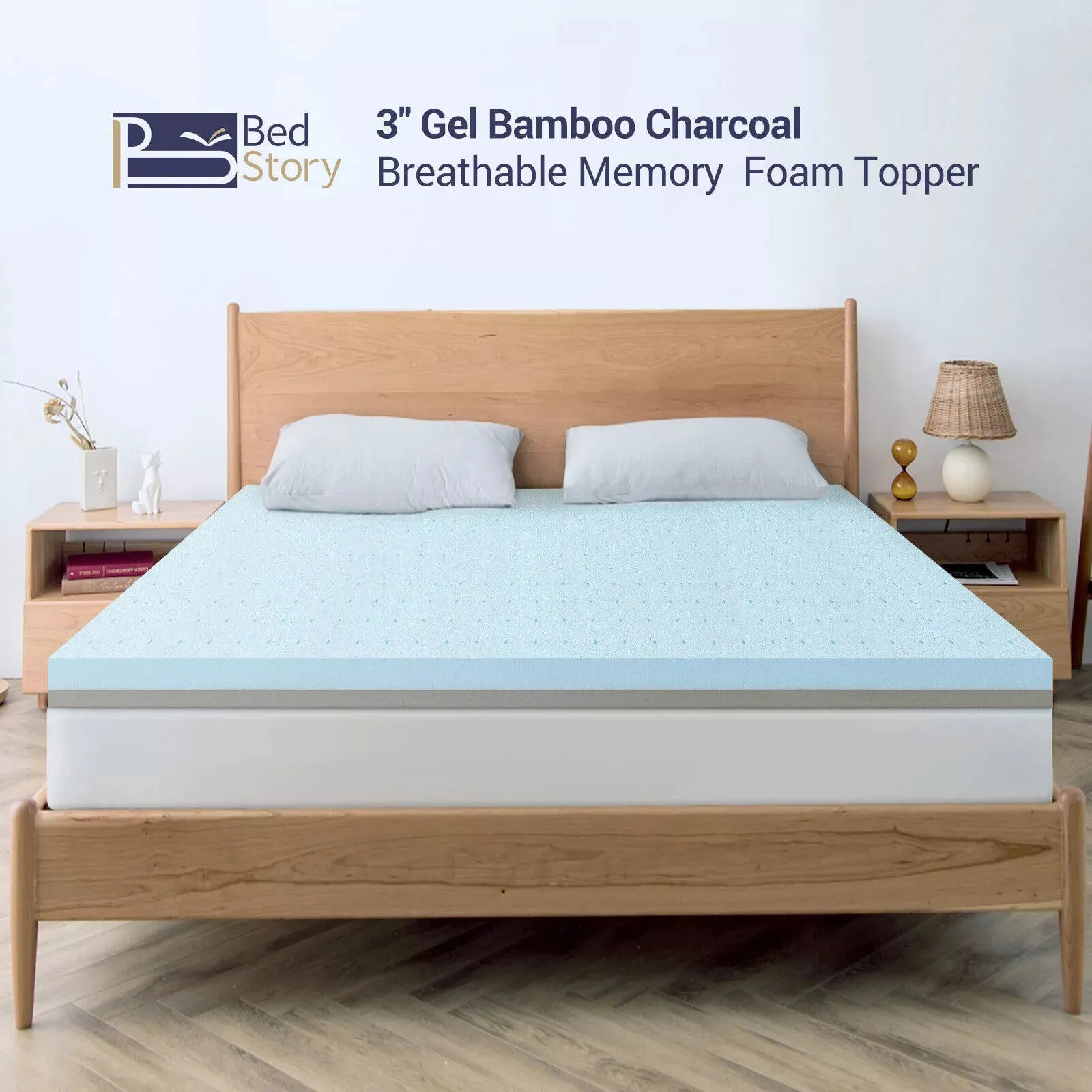 BedStory 3 Inch Gel Memory Foam Mattress Topper | Bamboo Charcoal Cushion Pad