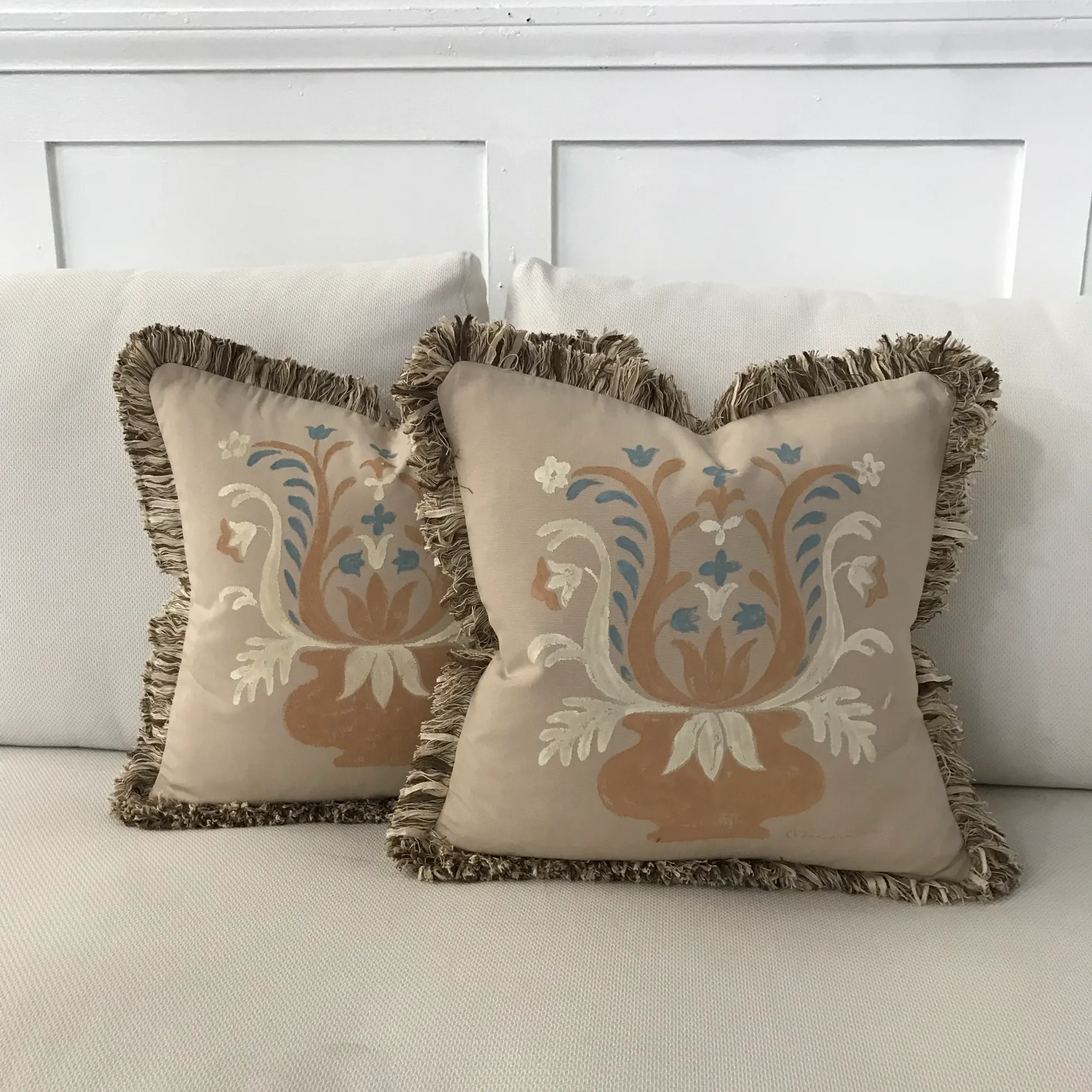 Beige Hand-Painted Botanical Outdoor Throw Pillow Cover 18x18