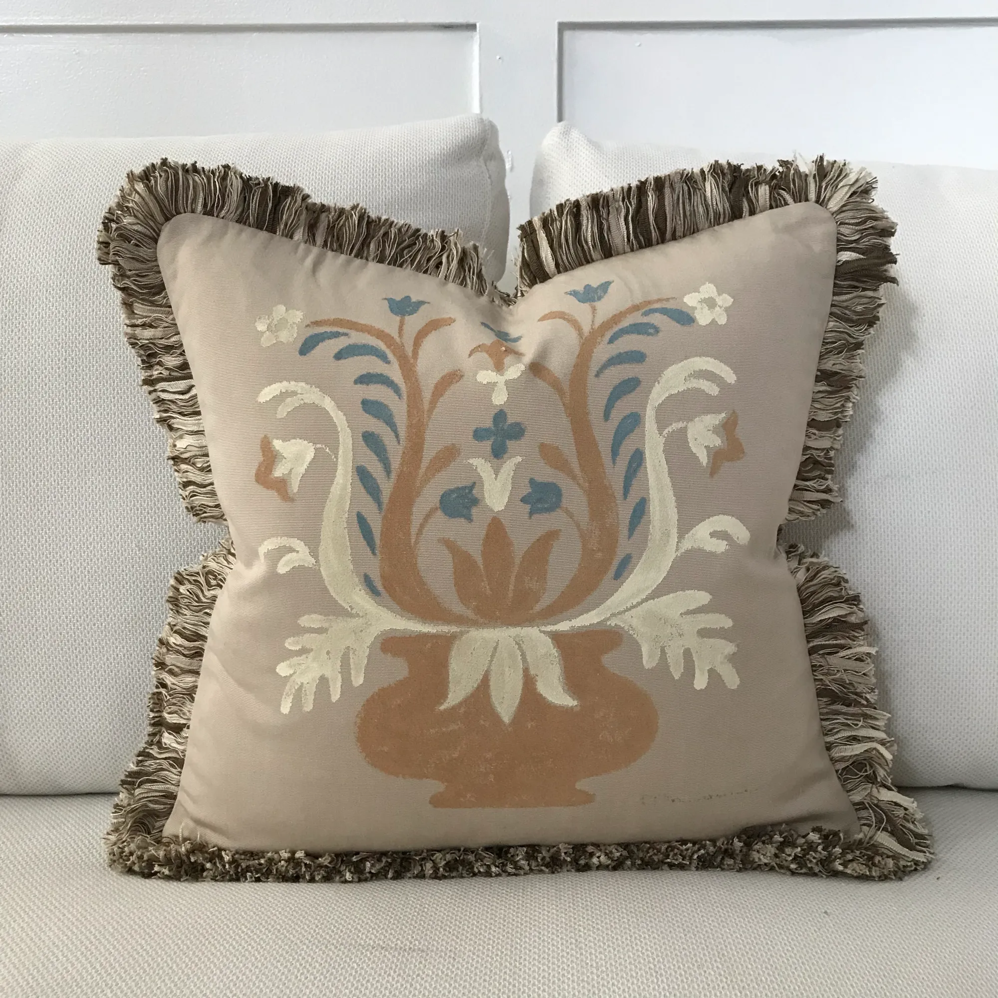 Beige Hand-Painted Botanical Outdoor Throw Pillow Cover 18x18