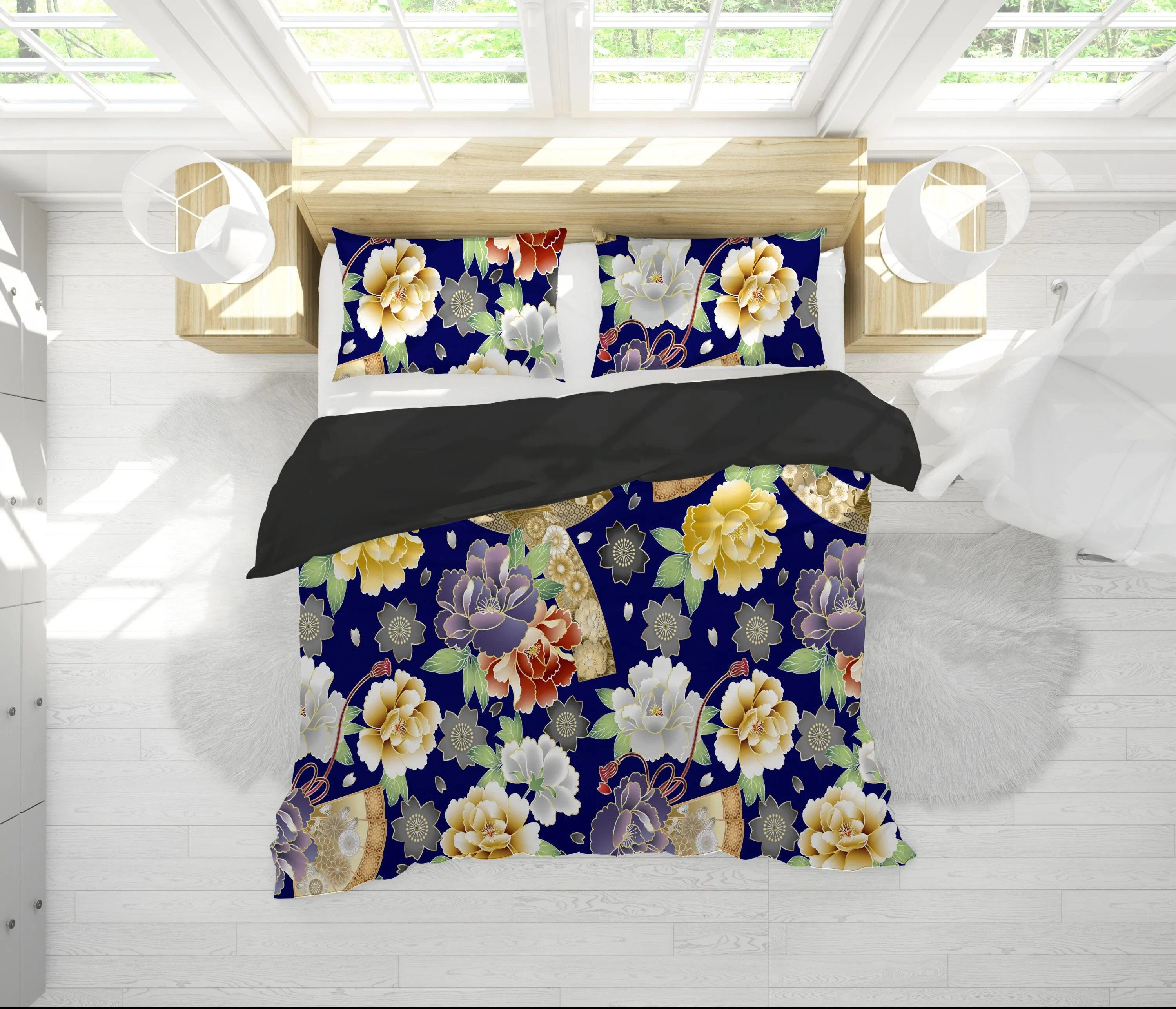 Blue Duvet Cover Full Set | Comforter Cover Set with Japanese Kimono Floral Prints