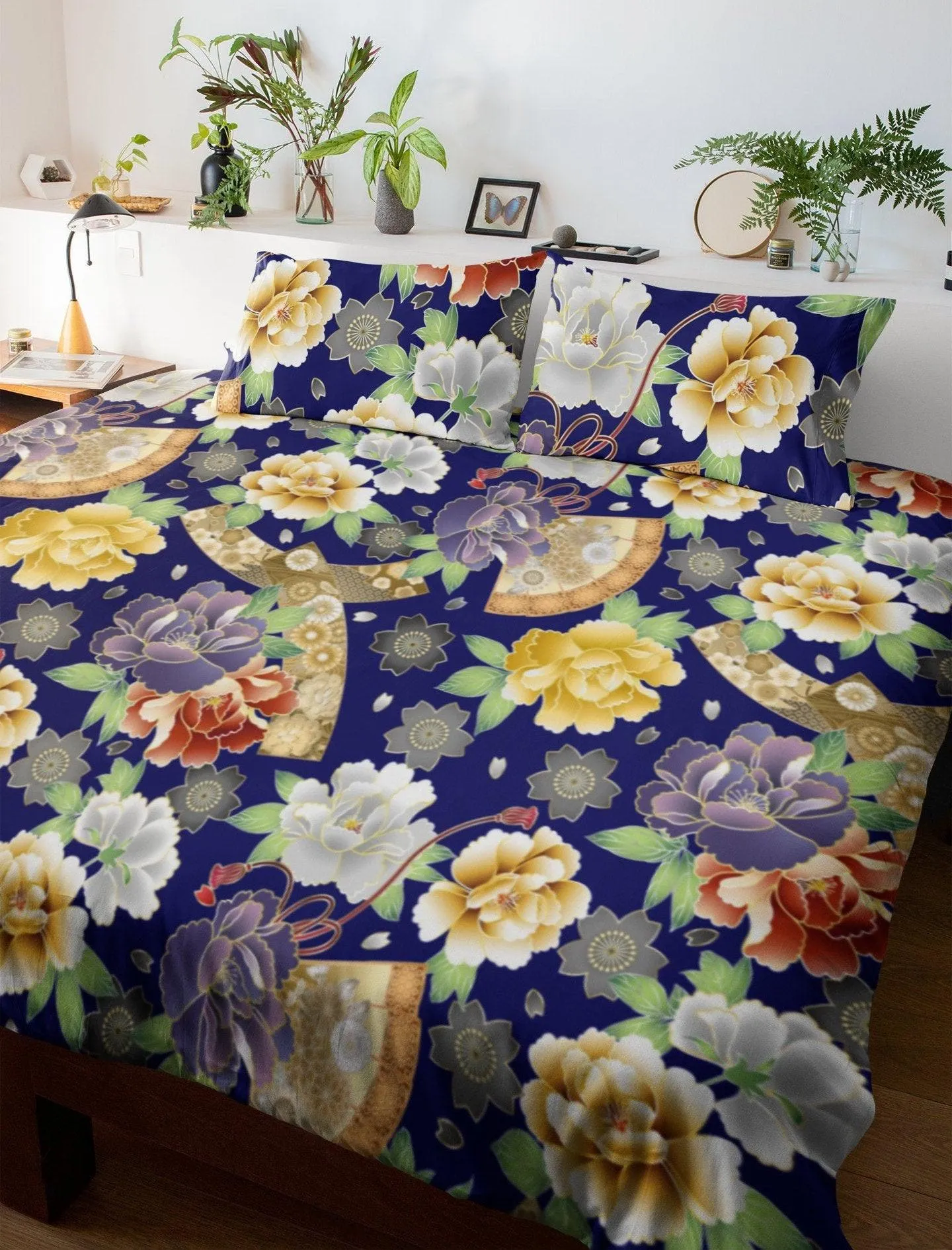 Blue Duvet Cover Full Set | Comforter Cover Set with Japanese Kimono Floral Prints