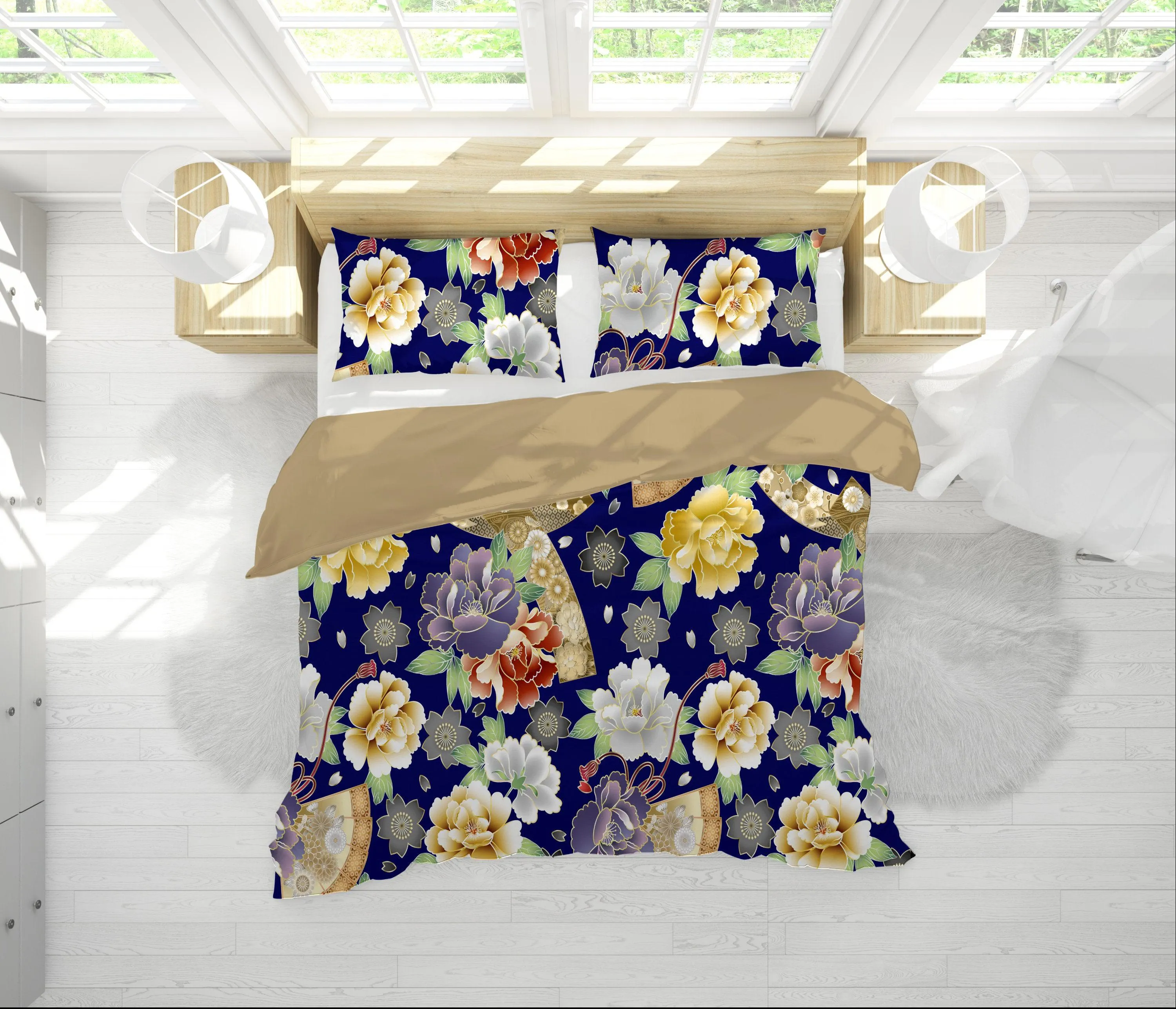 Blue Duvet Cover Full Set | Comforter Cover Set with Japanese Kimono Floral Prints