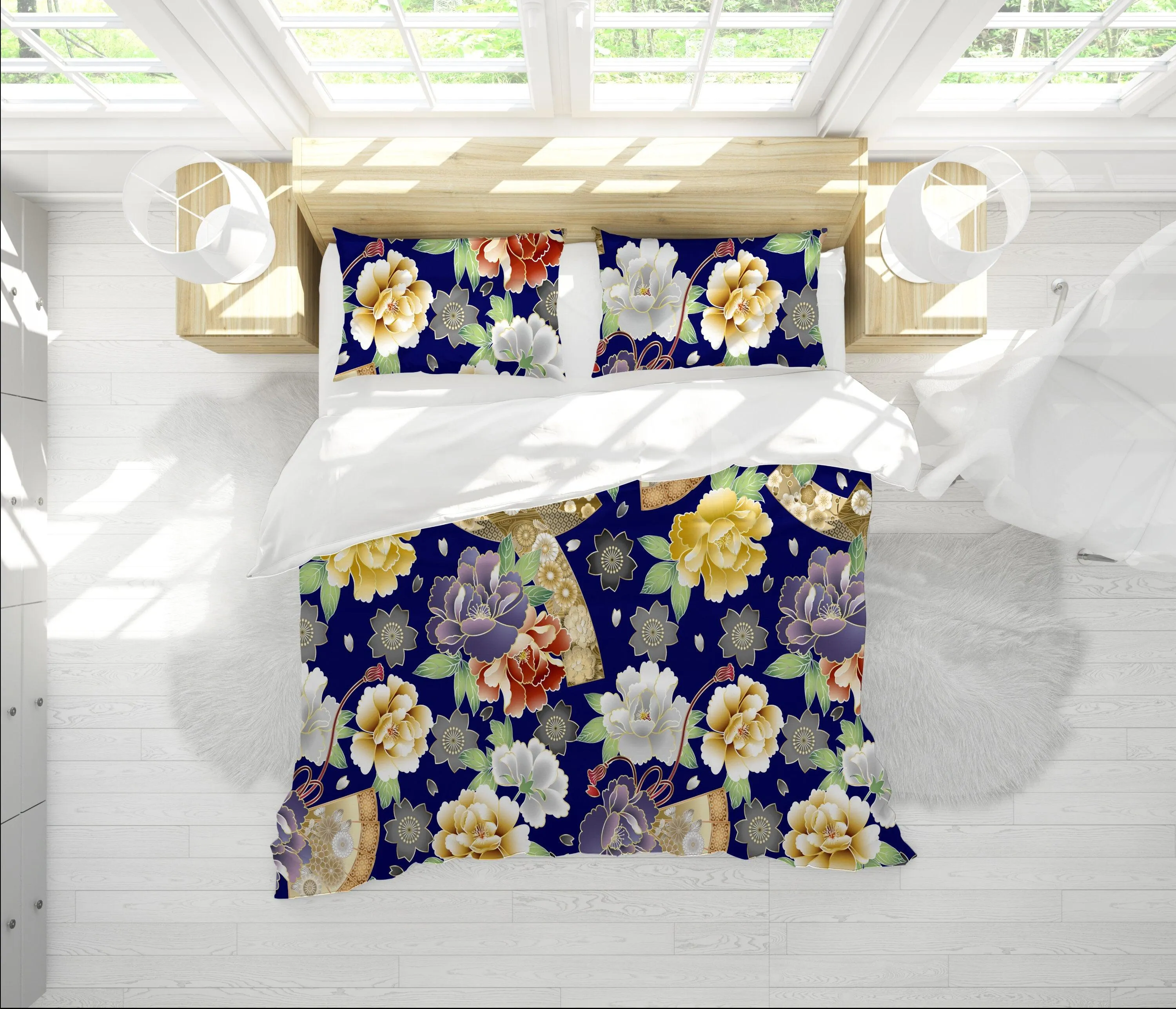 Blue Duvet Cover Full Set | Comforter Cover Set with Japanese Kimono Floral Prints