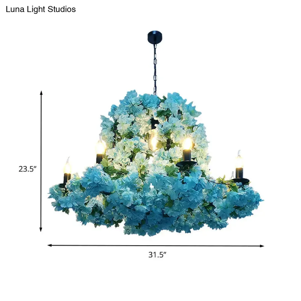 Blue Metal LED Suspension Candle Chandelier Light Fixture with Cherry Blossom - 6/8 Bulbs - Industrial Style