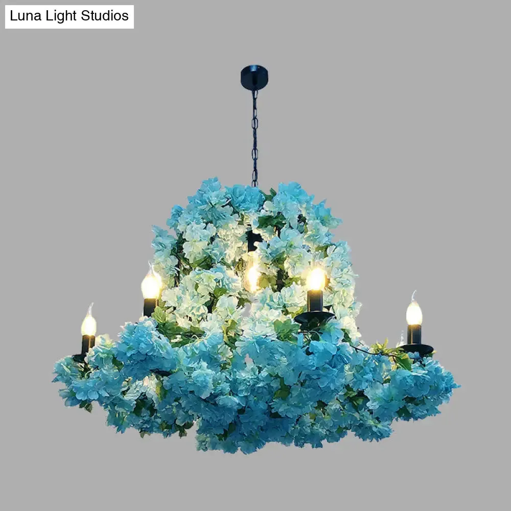 Blue Metal LED Suspension Candle Chandelier Light Fixture with Cherry Blossom - 6/8 Bulbs - Industrial Style