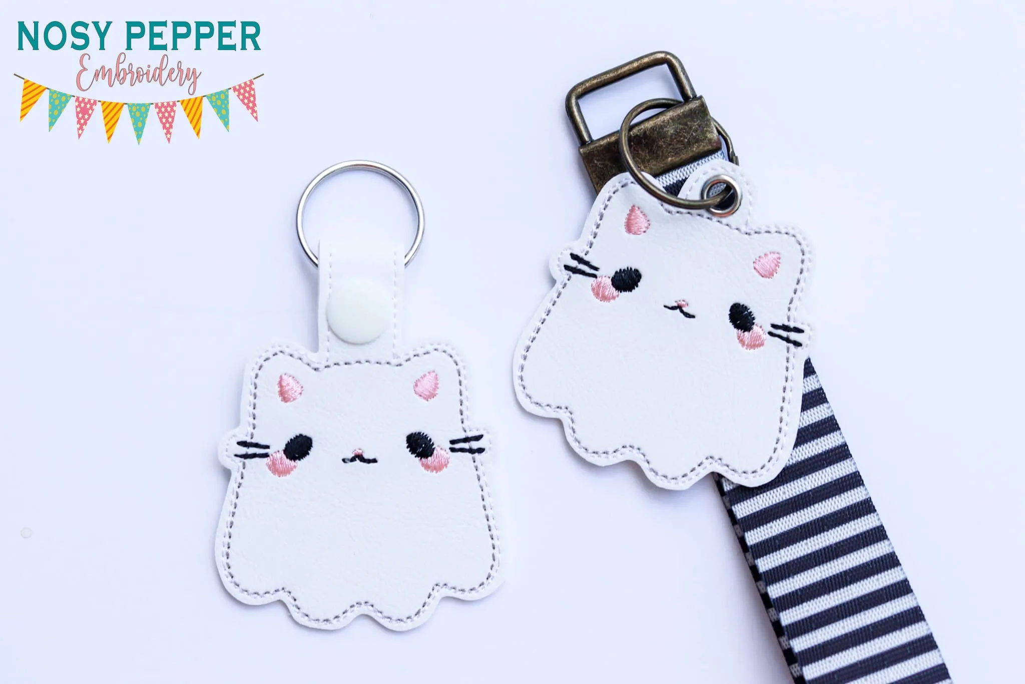 Cat Ghost snap tab and eyelet fob machine embroidery file (single and multi files included)