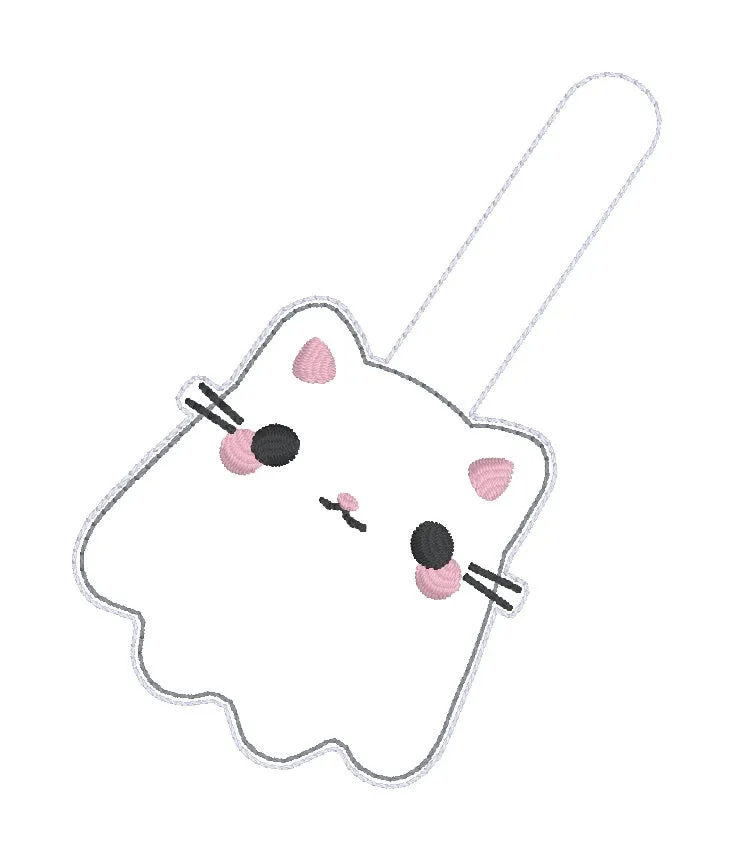 Cat Ghost snap tab and eyelet fob machine embroidery file (single and multi files included)