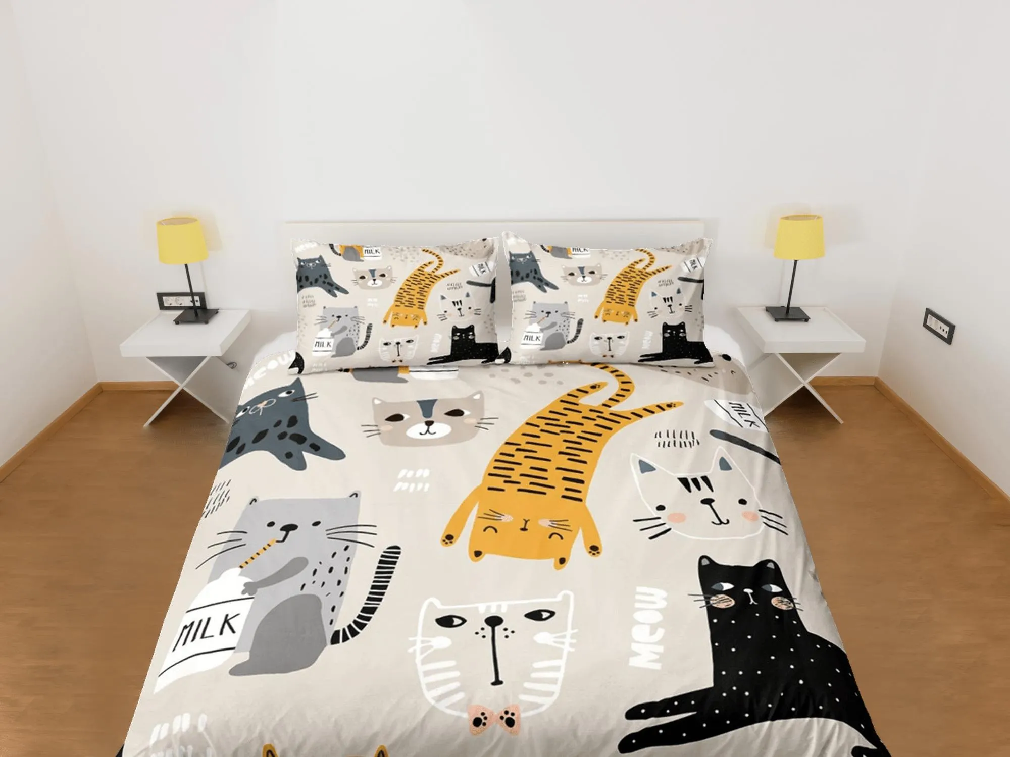 Cat Lovers Beige Bedding, Toddler Bedding, Kids Duvet Cover Set, Baby Zipper Bedding, Baby Shower Doona Cover up to California King Size