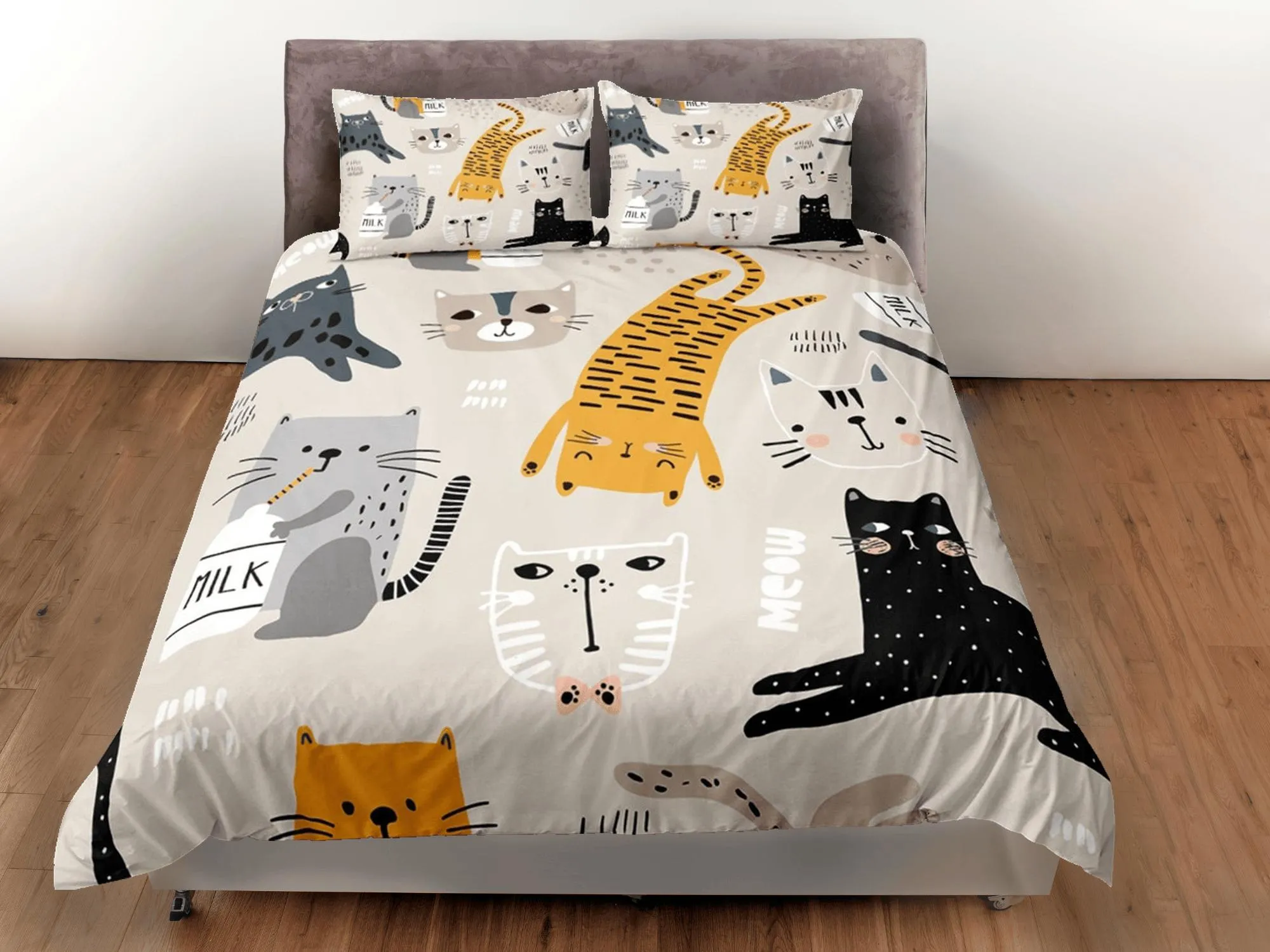 Cat Lovers Beige Bedding, Toddler Bedding, Kids Duvet Cover Set, Baby Zipper Bedding, Baby Shower Doona Cover up to California King Size